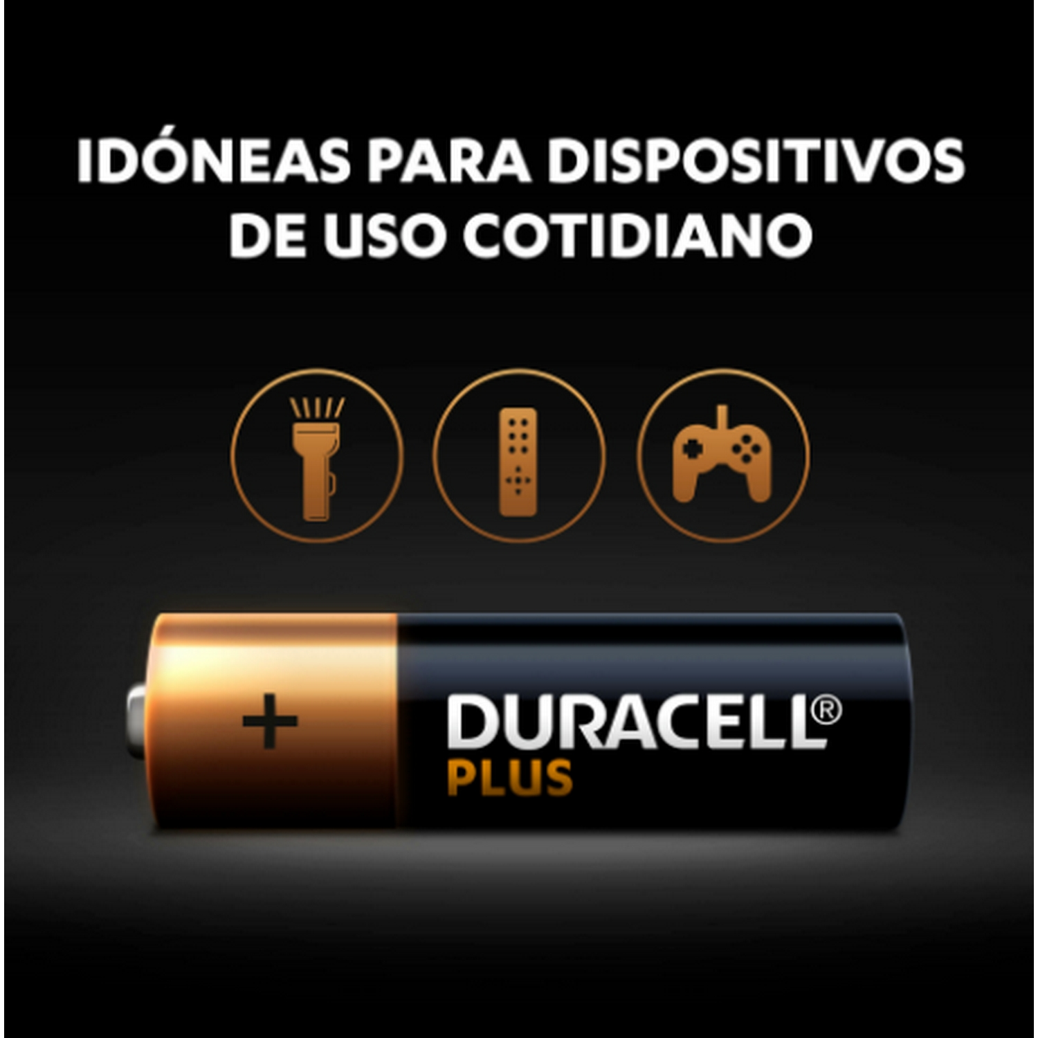 Batería Duracell Plus con cuerpo negro, parte superior dorada e información del producto.