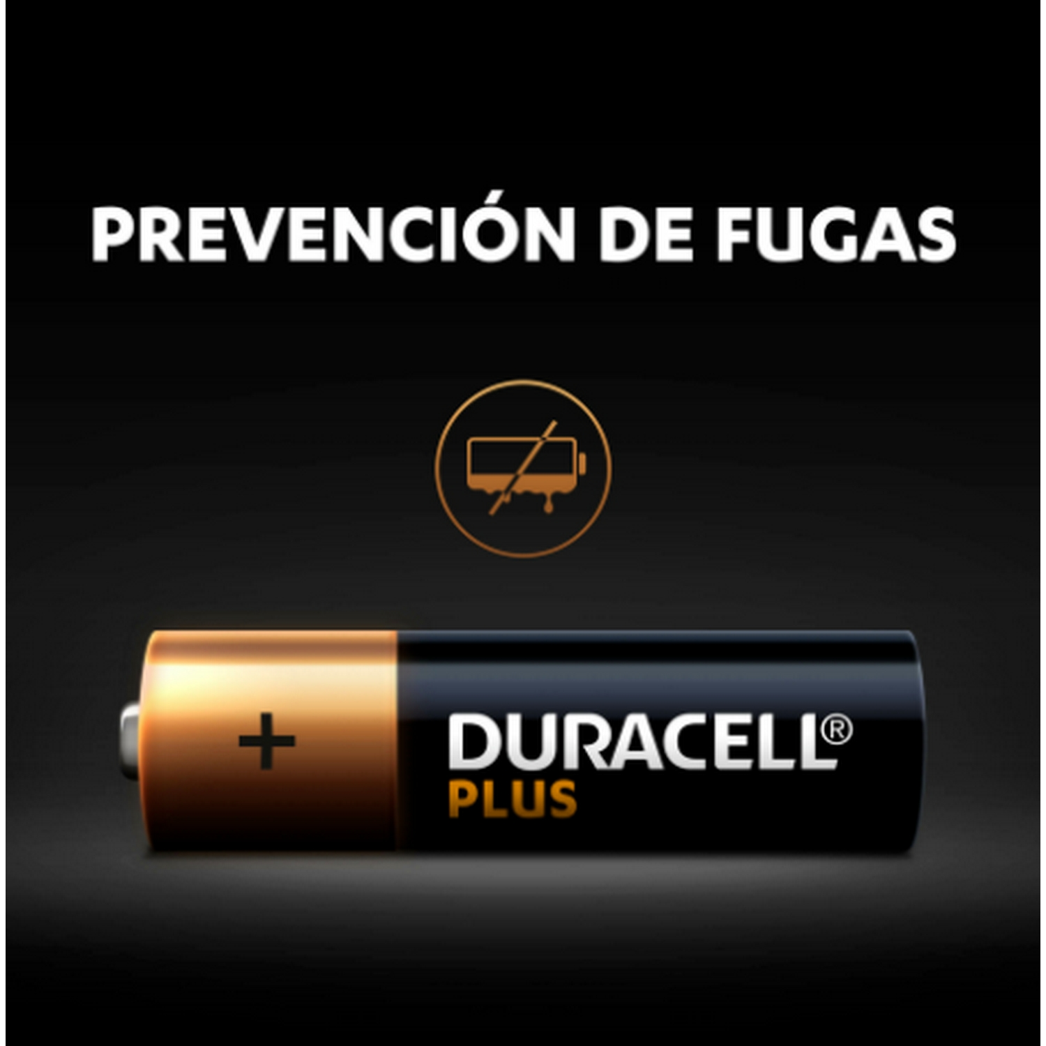 Pila Duracell Plus con un signo más y las palabras 'PREVENCIÓN DE FUGAS' sobre fondo negro.