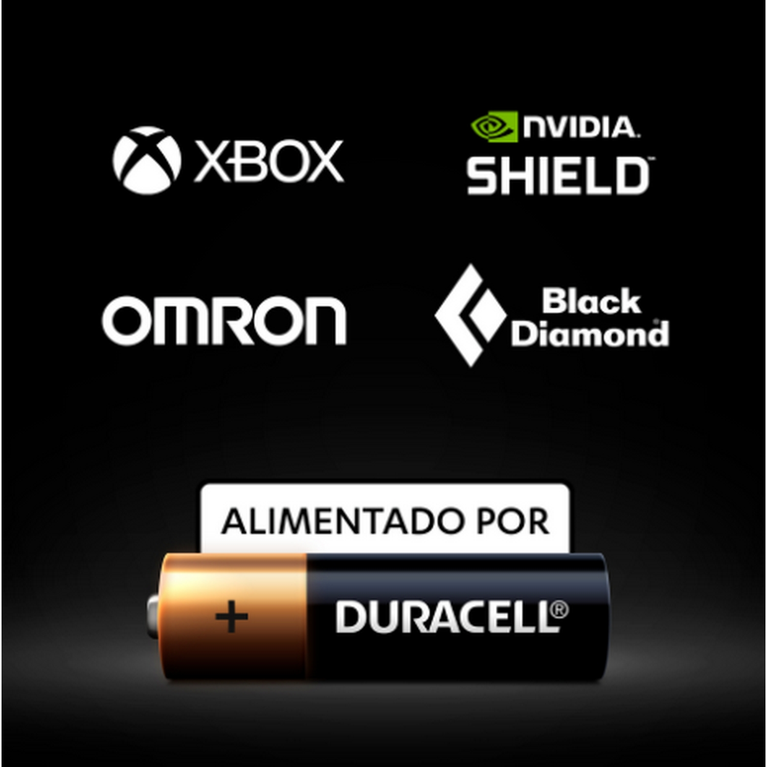 Una imagen que muestra los logotipos de Xbox, Nvidia Shield, Omron, Black Diamond y una batería Duracell.
