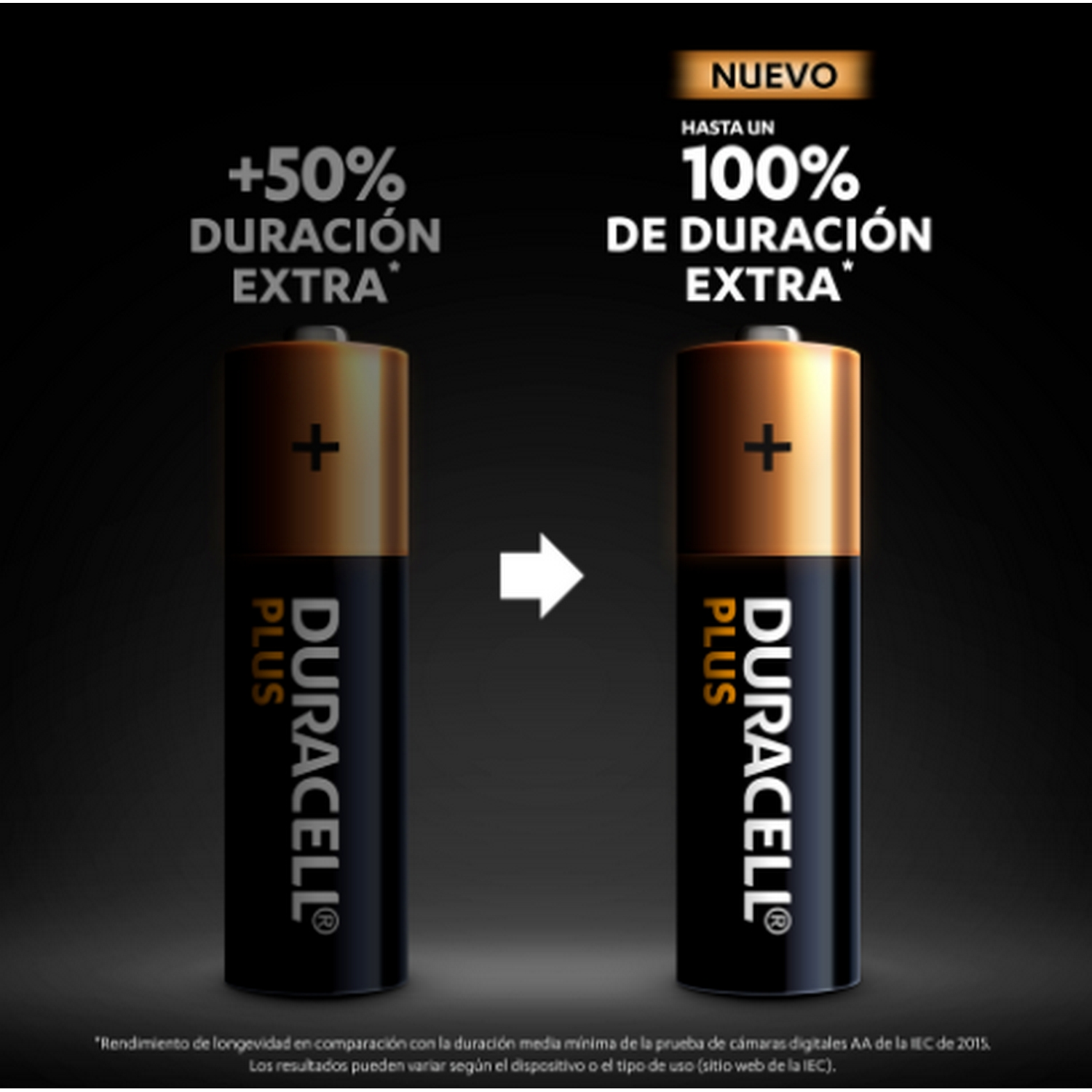 Dos pilas, una con +50% de duración extra, la otra con +100% de duración extra. Flecha blanca.
