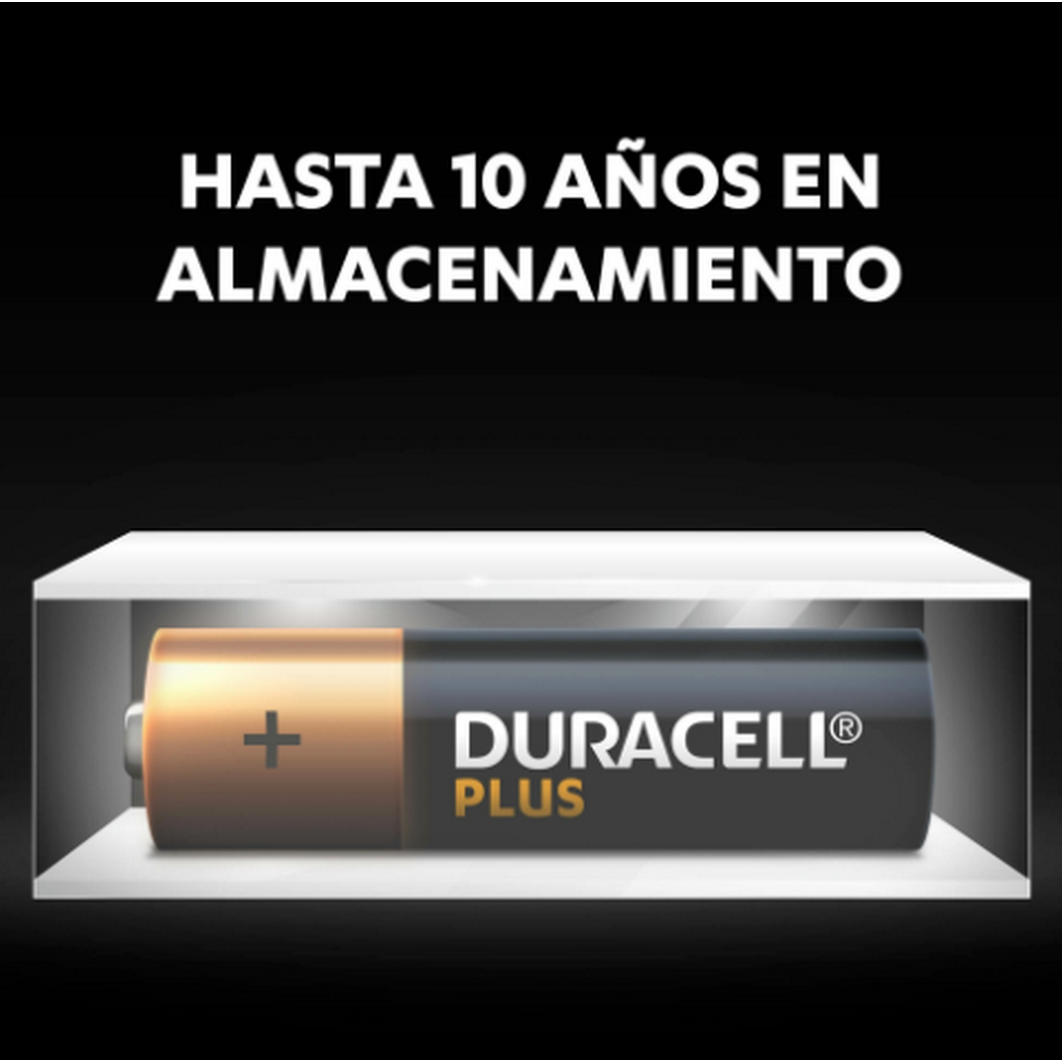 Pila Duracell Plus en una caja con texto que dice, Hasta 10 años en almacenamiento.