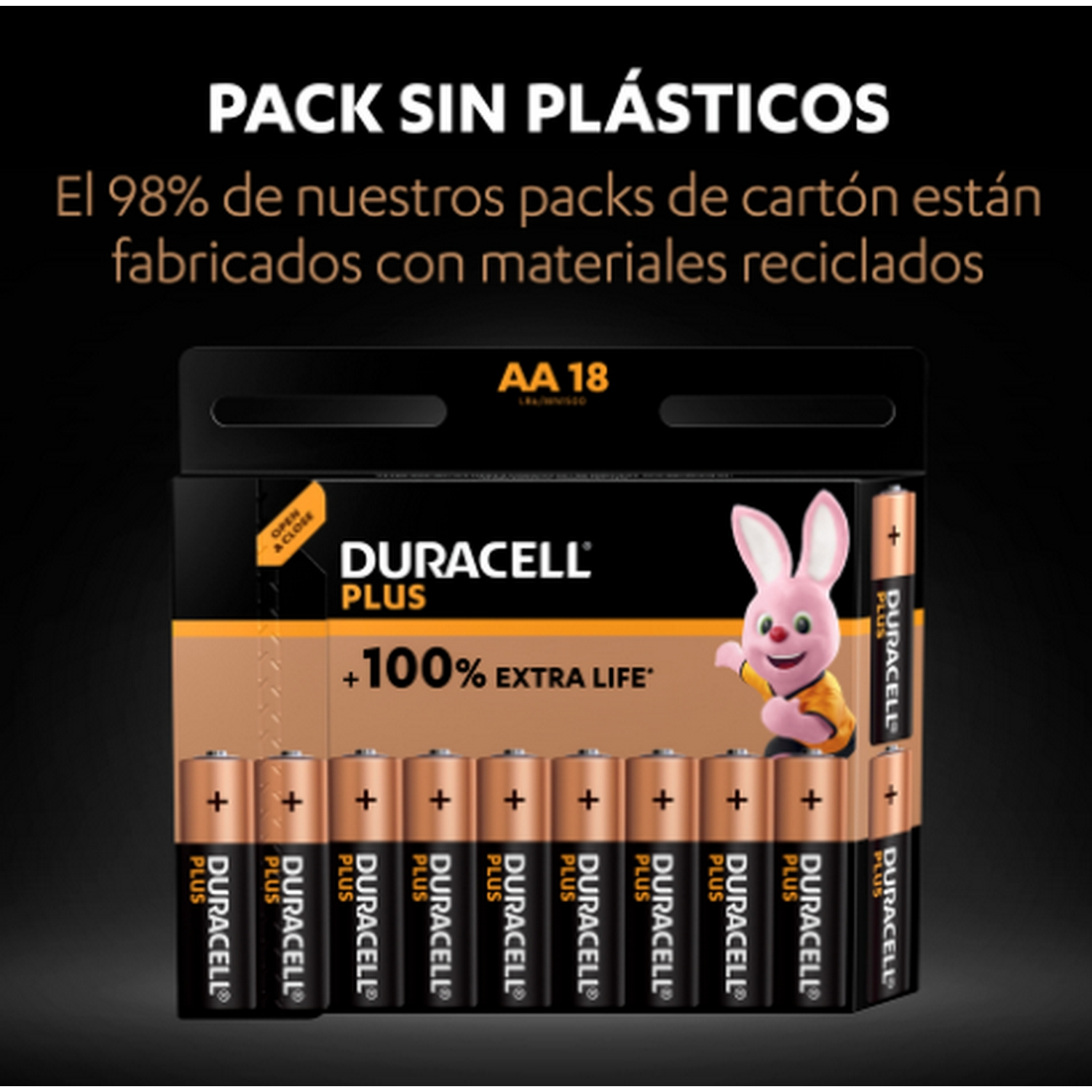 Paquete de pilas Duracell con un conejito sonriente.