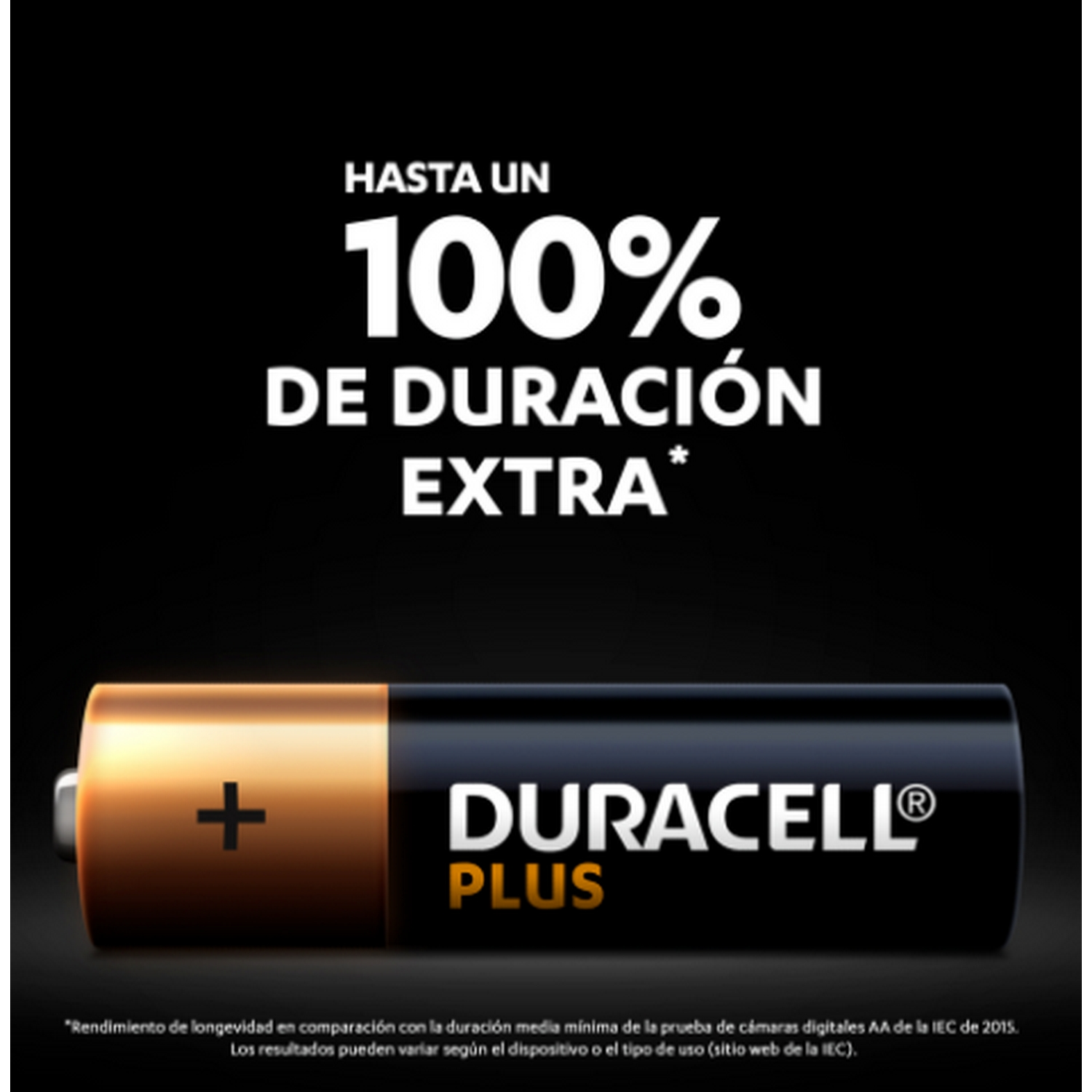 Batería Duracell Plus con reclamo de duración extra. Fondo negro. Batería dorada y negra.