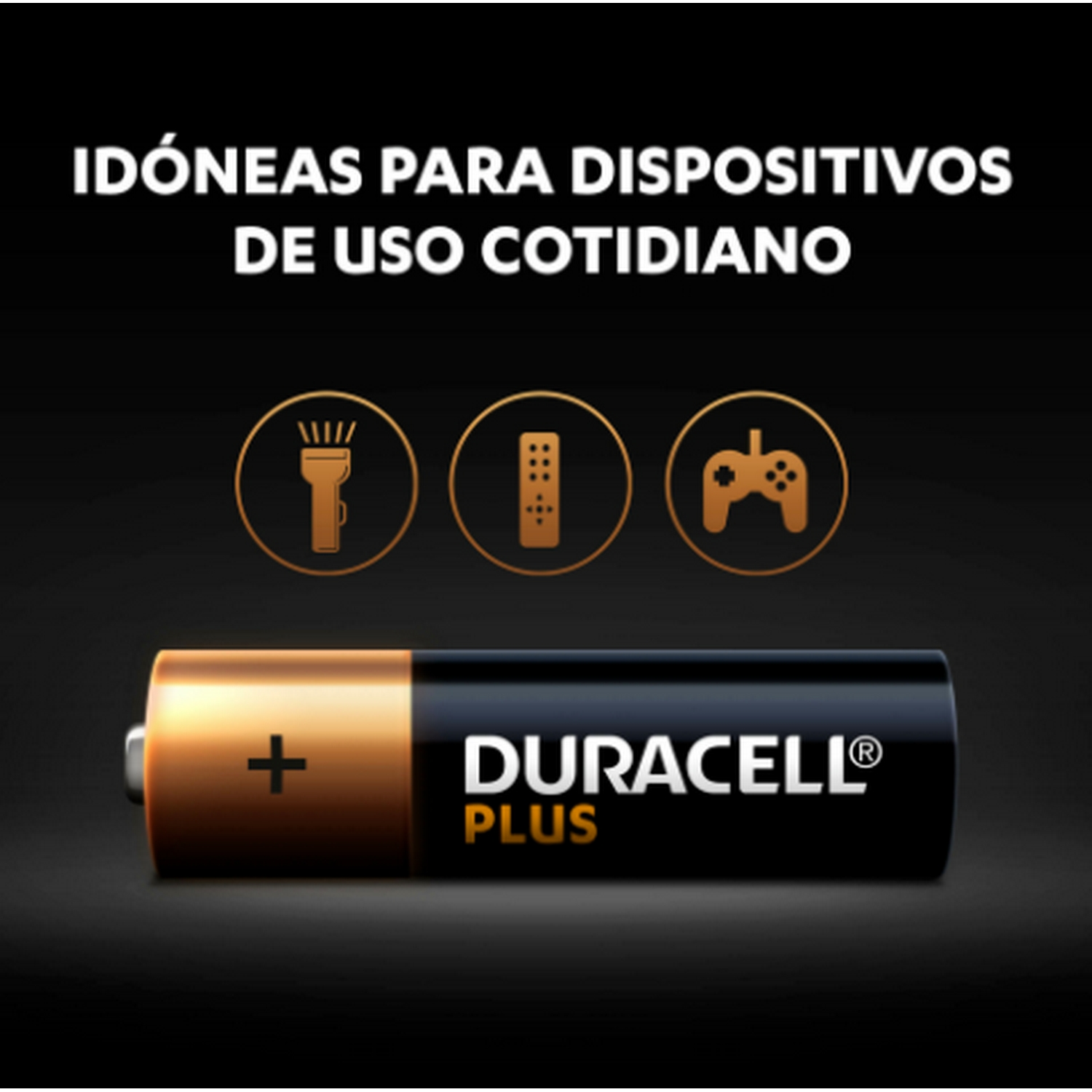 Una pila Duracell Plus con el polo positivo visible, junto a iconos de dispositivos cotidianos.