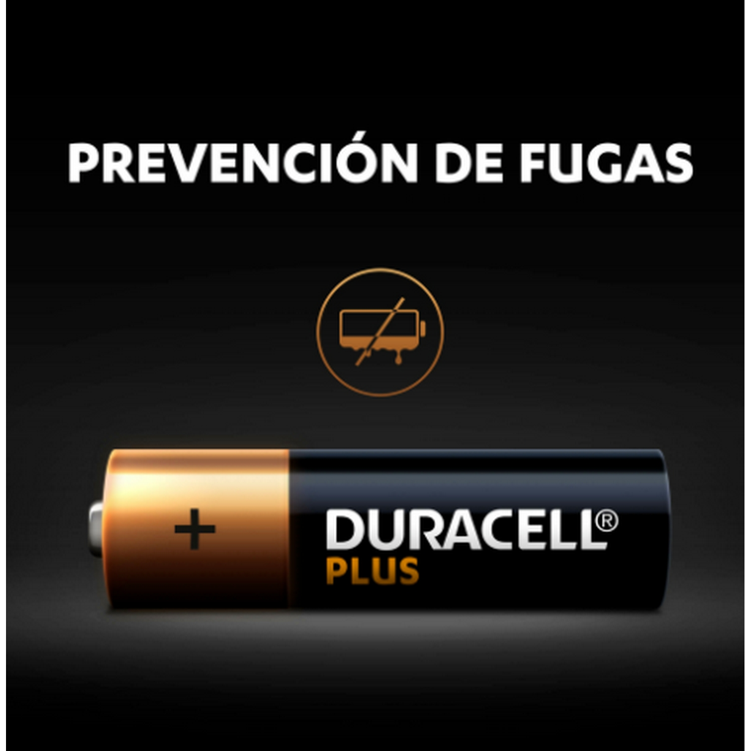 Pila Duracell con texto 'PREVENCIÓN DE FUGAS' y 'DURACELL PLUS' sobre fondo negro.