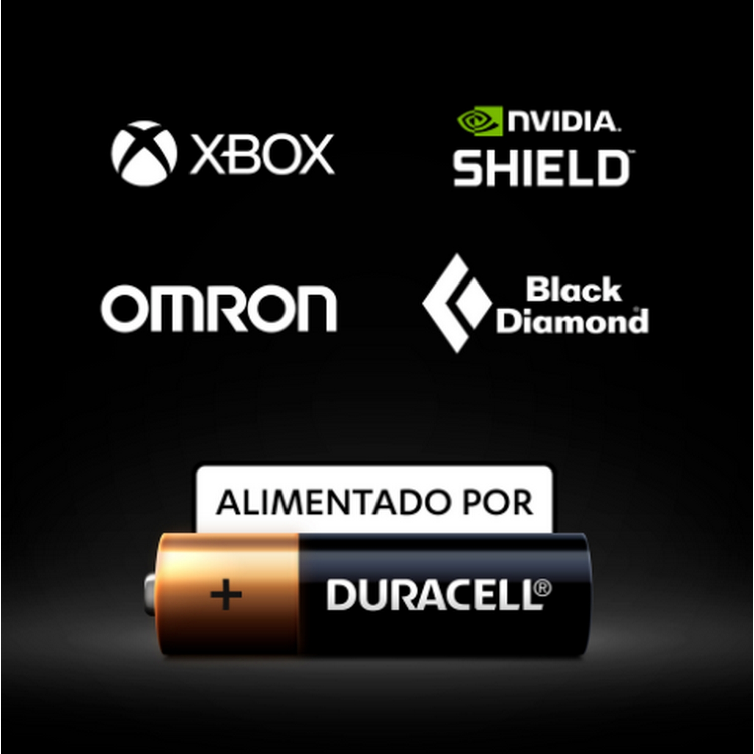 Fondo negro con logos: Xbox, Nvidia Shield, Omron, Black Diamond y una batería Duracell.