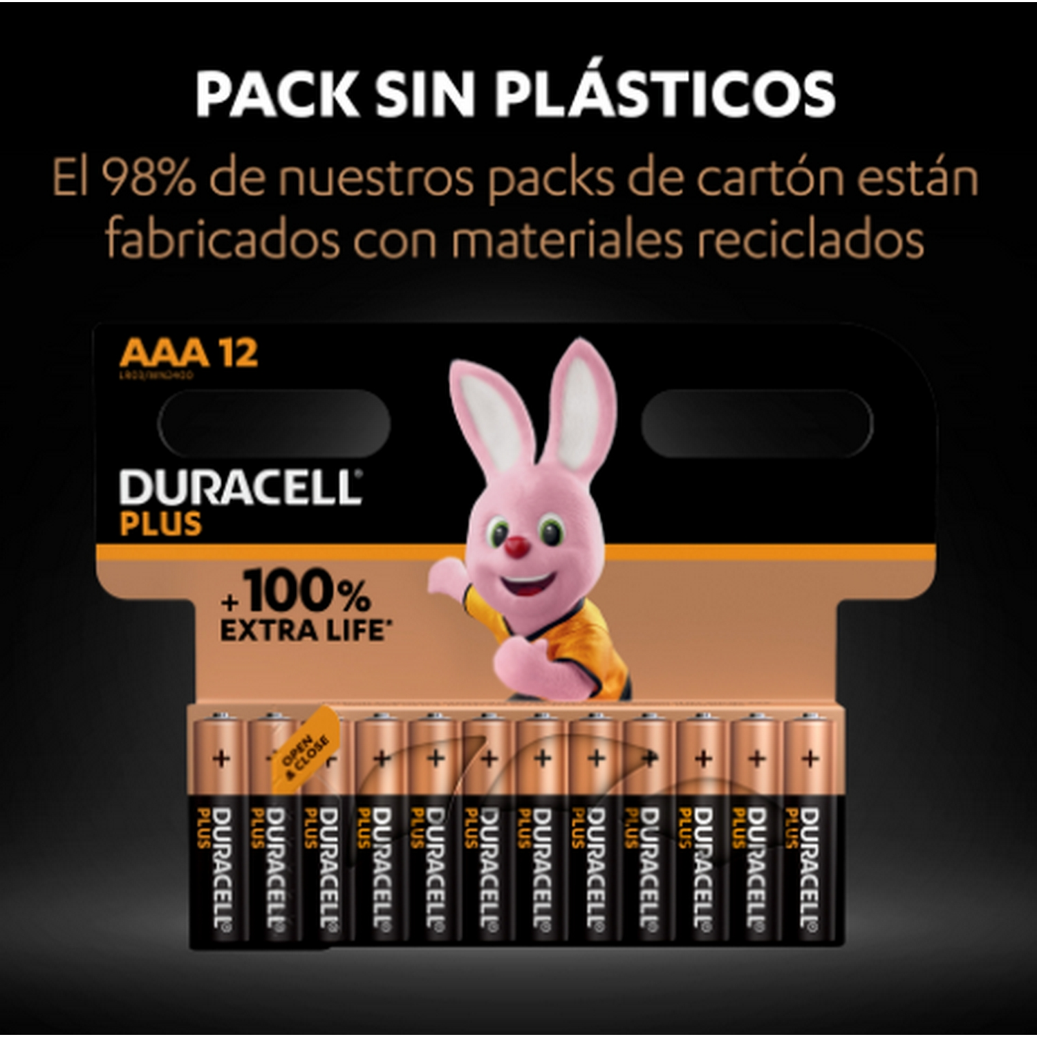 Paquete de pilas Duracell Plus, un conejito rosa y texto sobre fondo negro.