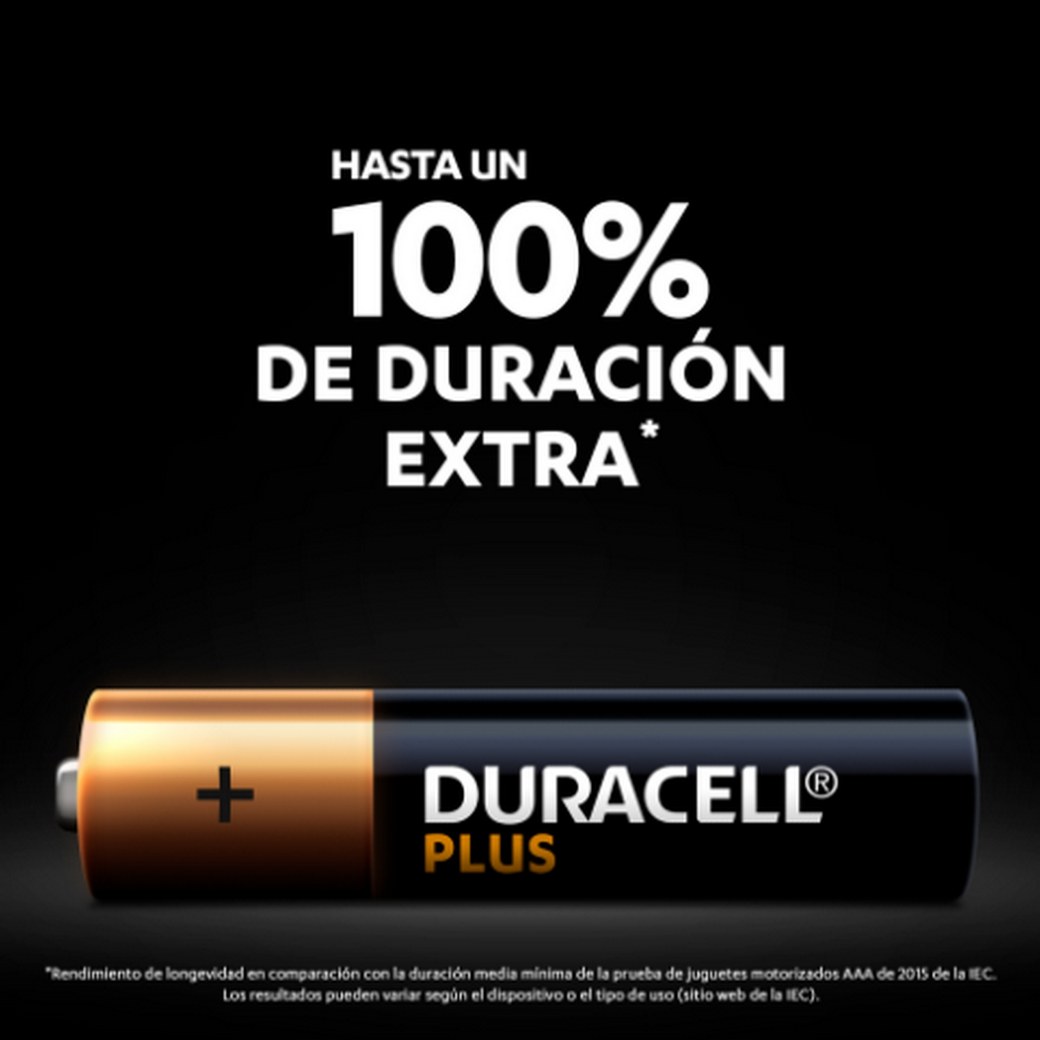 Pila Duracell Plus con texto 'Hasta un 100% de duración extra'. Fondo negro.