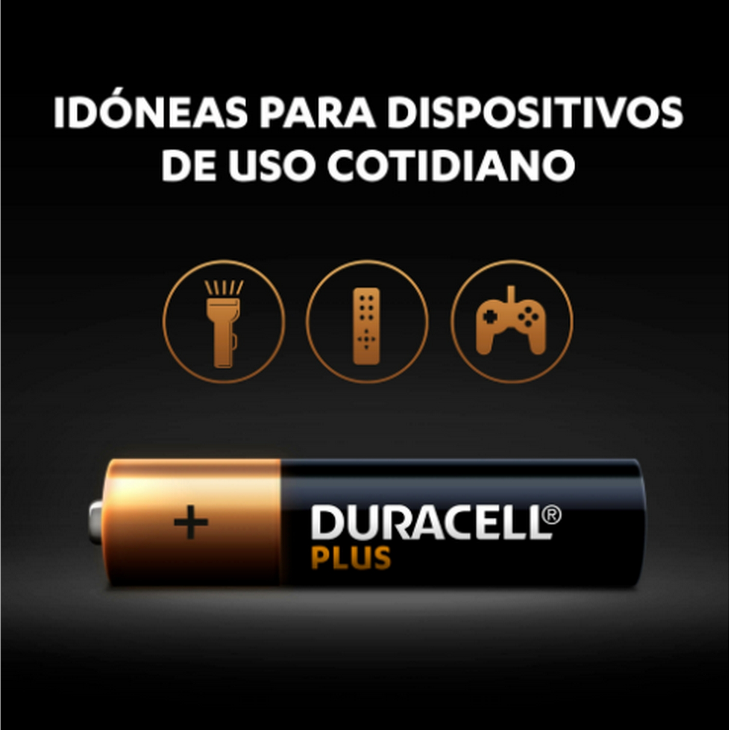 Pila Duracell con signo más y texto. Tres iconos de electrodomésticos sobre fondo negro.