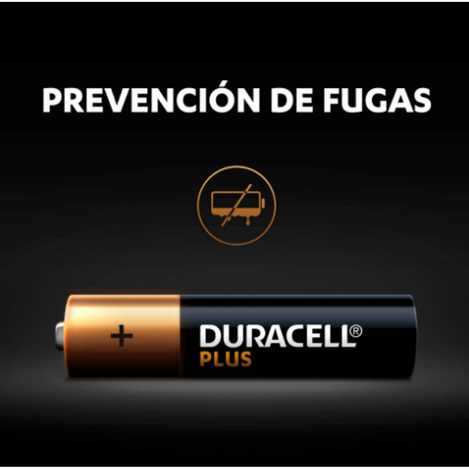 Pila Duracell Plus con signo más, texto 'Duracell PLUS' y prevención de fugas.