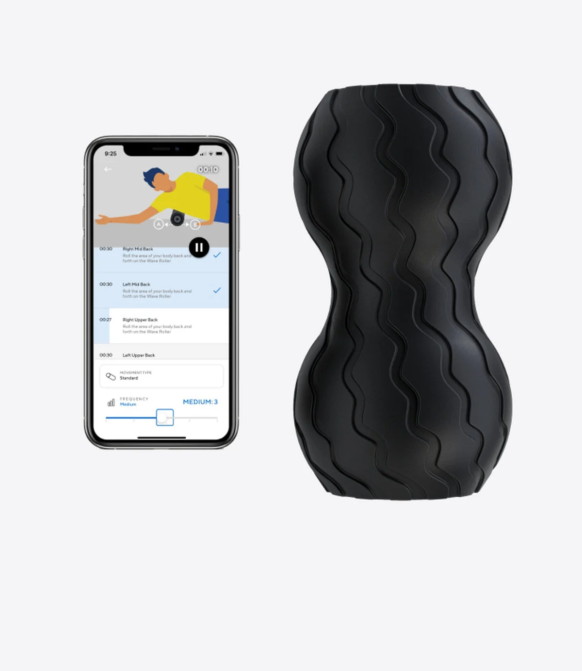 Schwarze Faszienrolle und ein Telefon, das Übungsanweisungen und einen Timer zeigt.