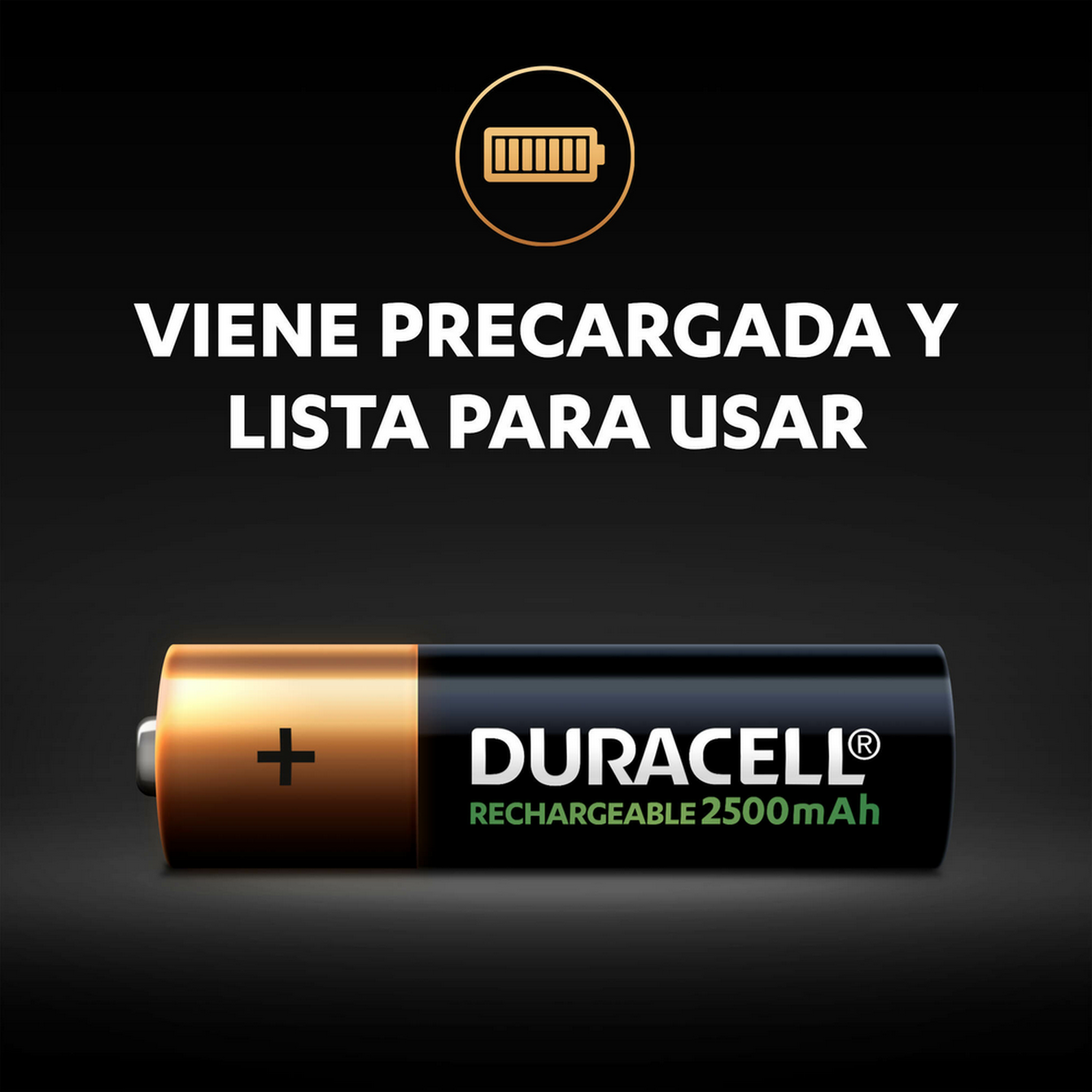 Una batería recargable Duracell con un signo más y un indicador de nivel de batería sobre un fondo negro.