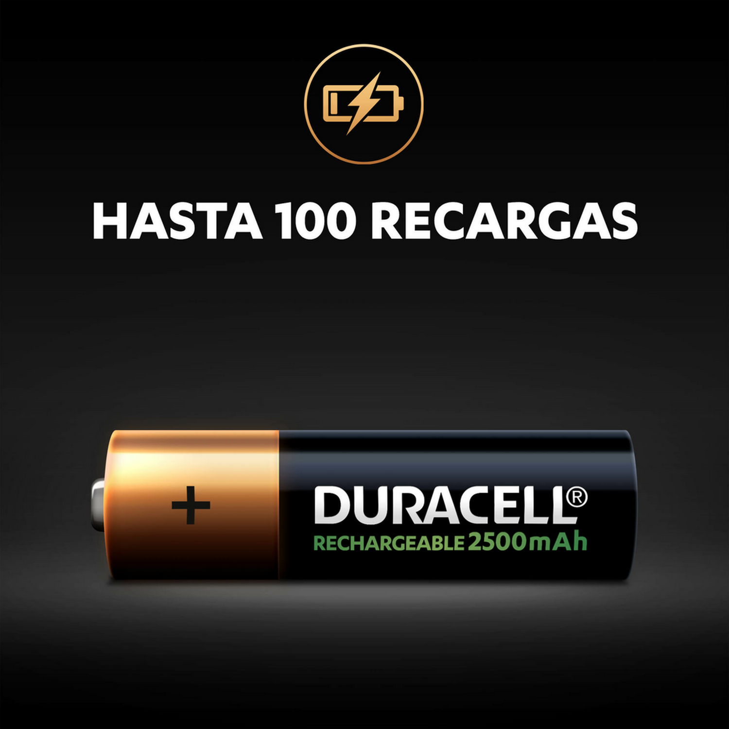 Batería recargable Duracell con texto 'Hasta 100 Recargas'.