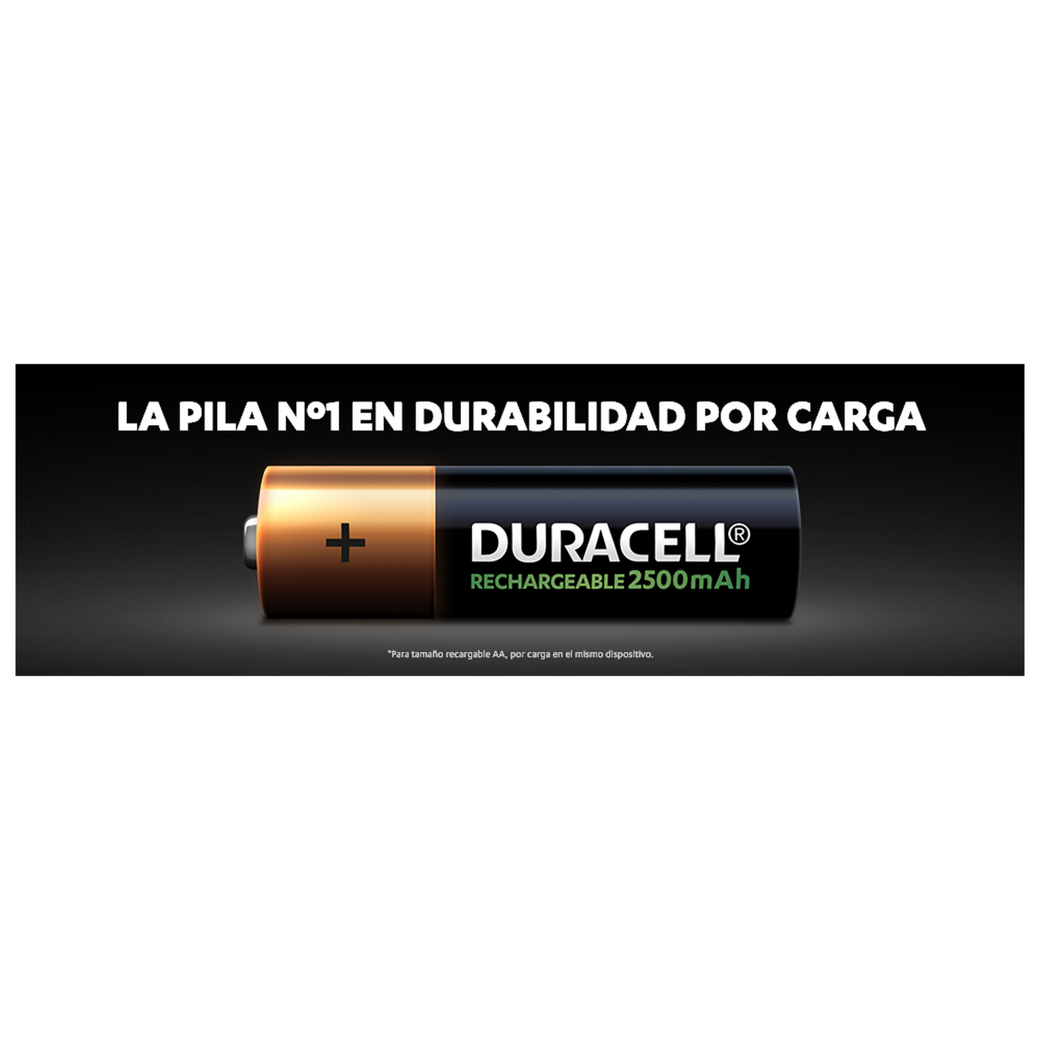 Pila recargable Duracell con colores negro y dorado y texto.
