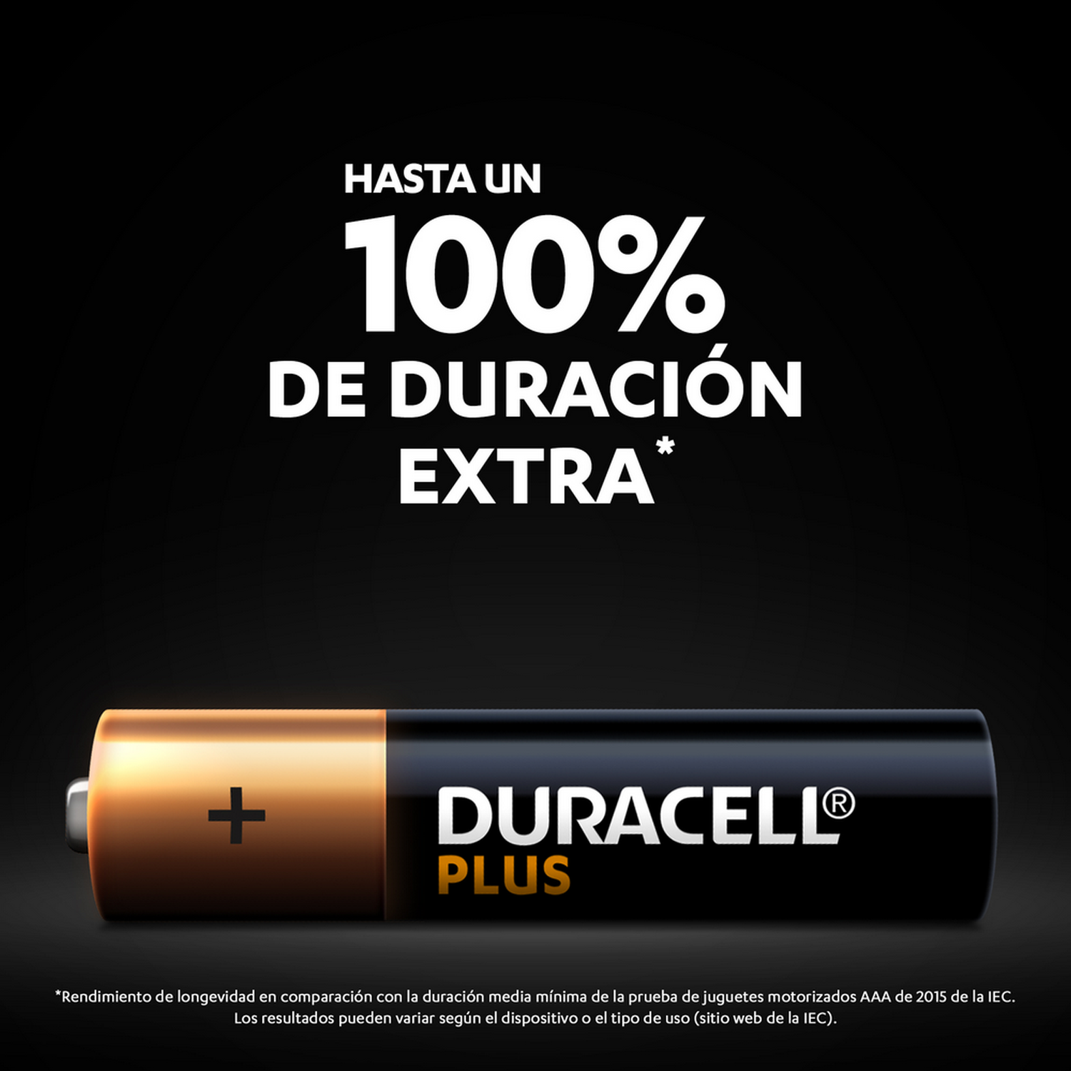 Pila Duracell Plus con un signo más y texto 'Duracell Plus'.