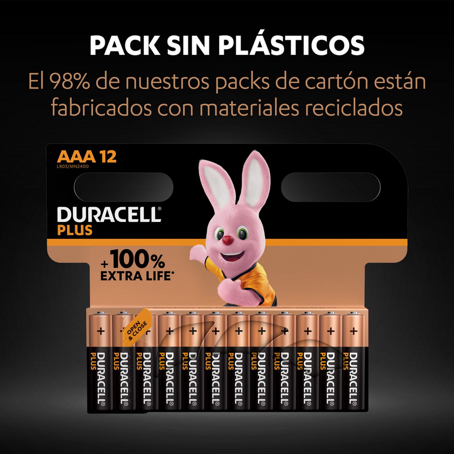 Paquete de pilas Duracell. Un conejito rosa está en el paquete. El fondo es negro.