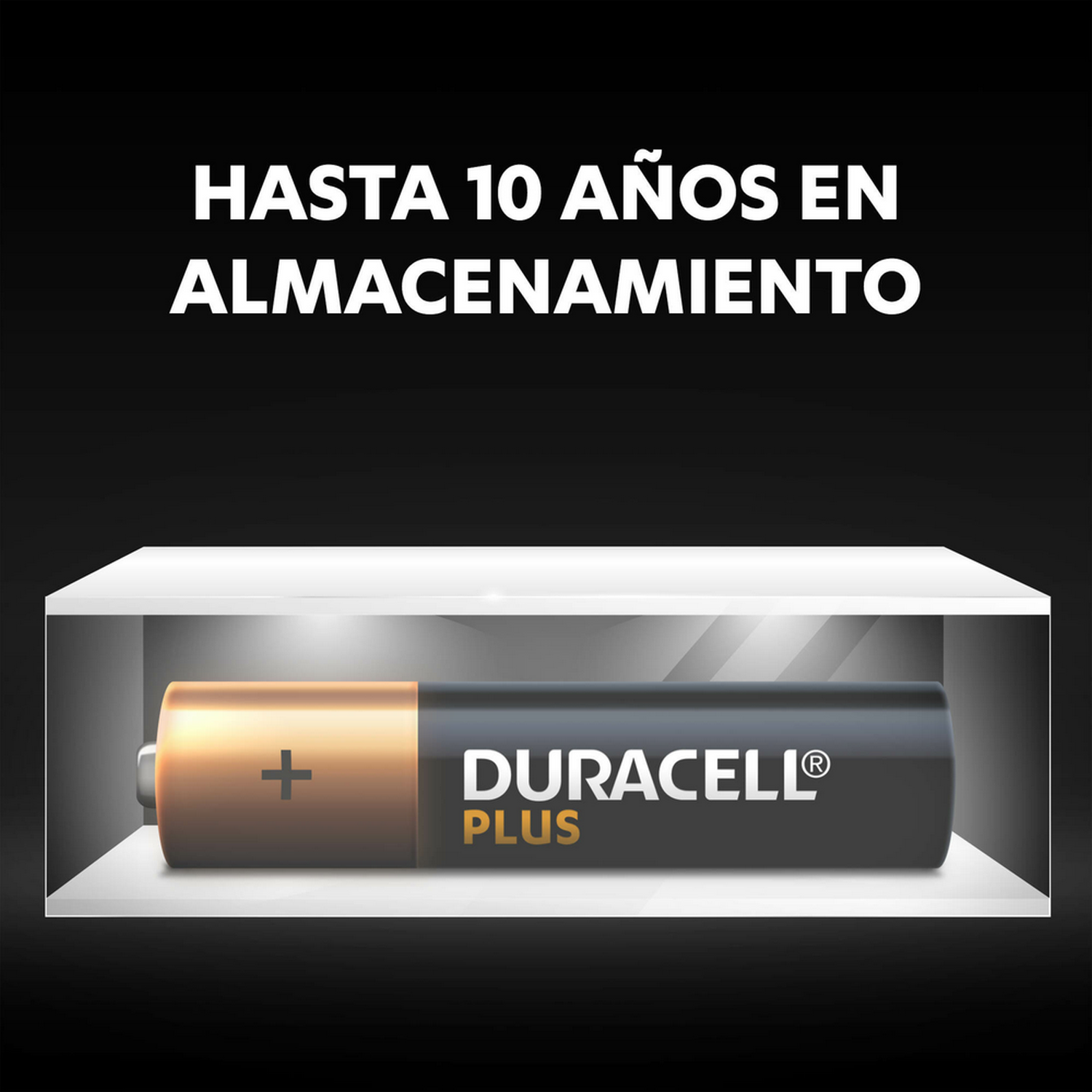 Pila Duracell en estuche transparente con texto 'Hasta 10 Años En Almacenamiento'.