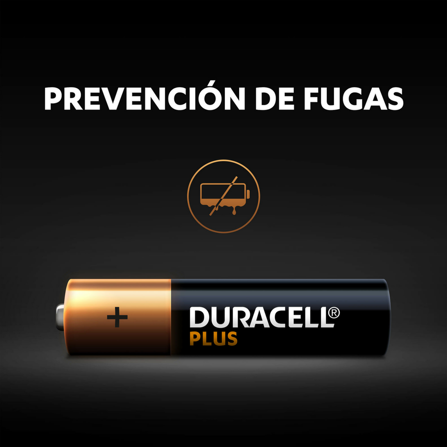 Pila Duracell Plus con texto 'PREVENCIÓN DE FUGAS' y un símbolo de prevención de fugas.