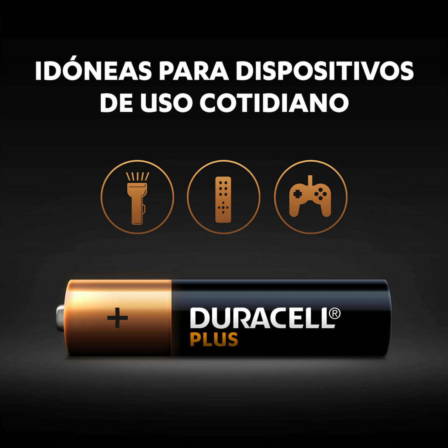 Pila Duracell Plus con parte superior dorada y cuerpo negro con texto e iconos.