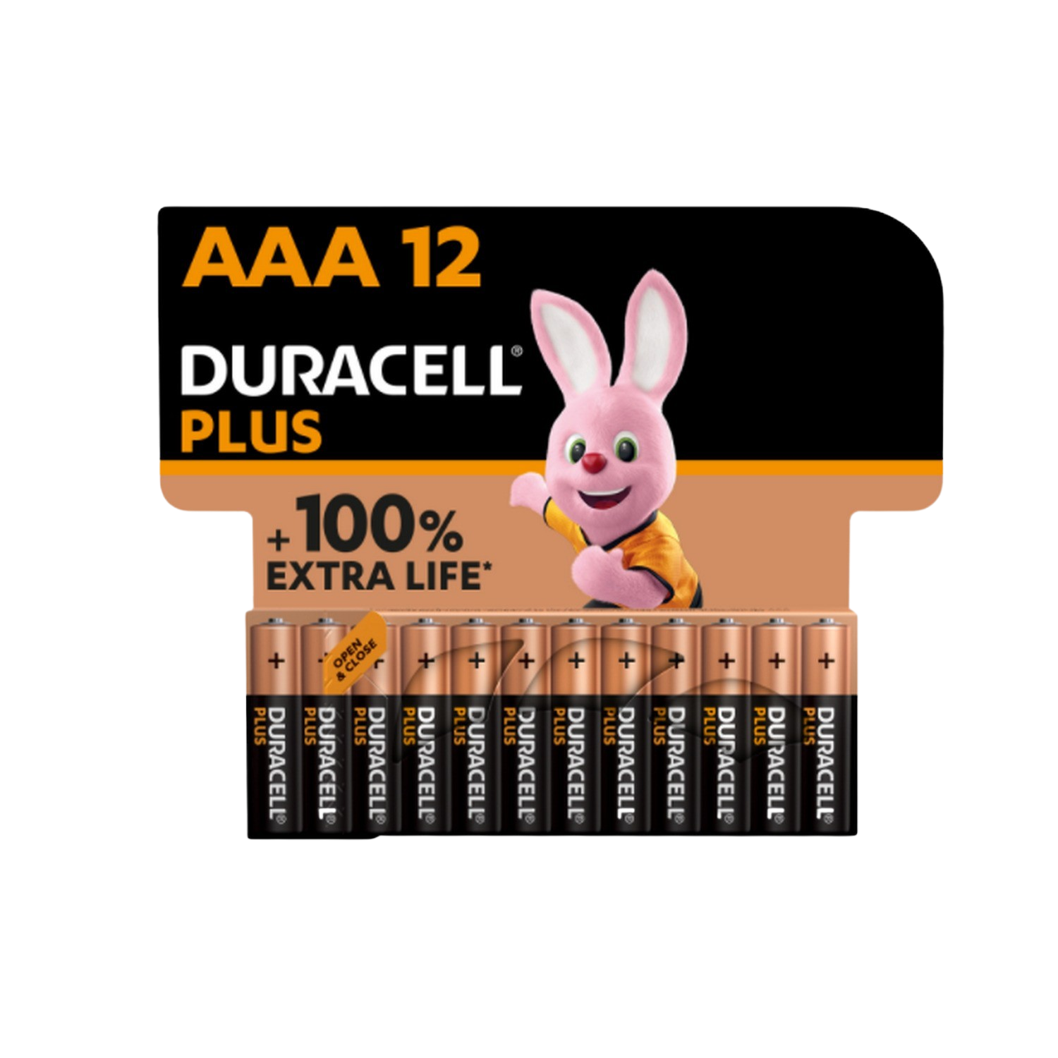 Un paquete de pilas Duracell Plus AAA con un conejito rosa y texto sobre un fondo marrón.