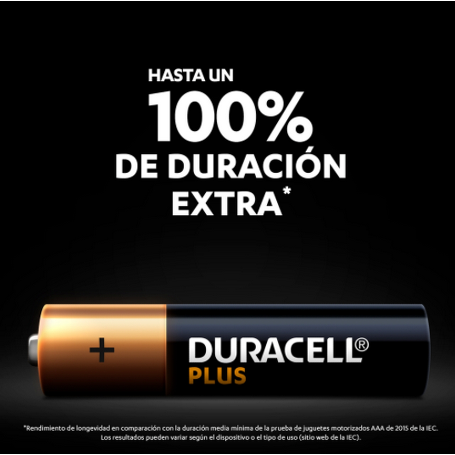 Batería Duracell Plus con reclamo de duración extra. Fondo negro. Batería dorada y negra.