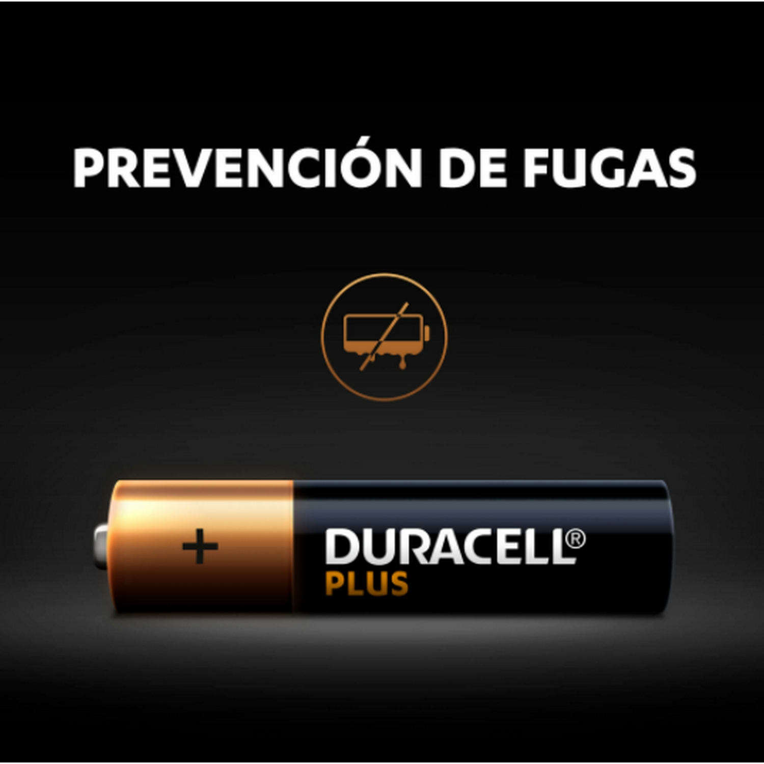 Pila Duracell Plus AA con un signo más y el texto 'Duracell PLUS' sobre un fondo negro.