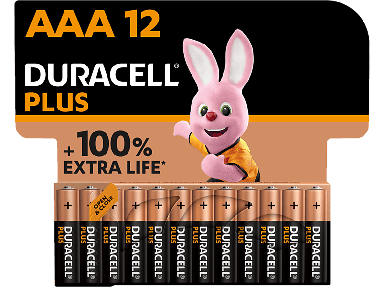 Pilas AAA – Duracell PLUS LR03 / LR3, alcalinas, Pack 12 Uds, 1.5 V, MN2400, Universal, Negro