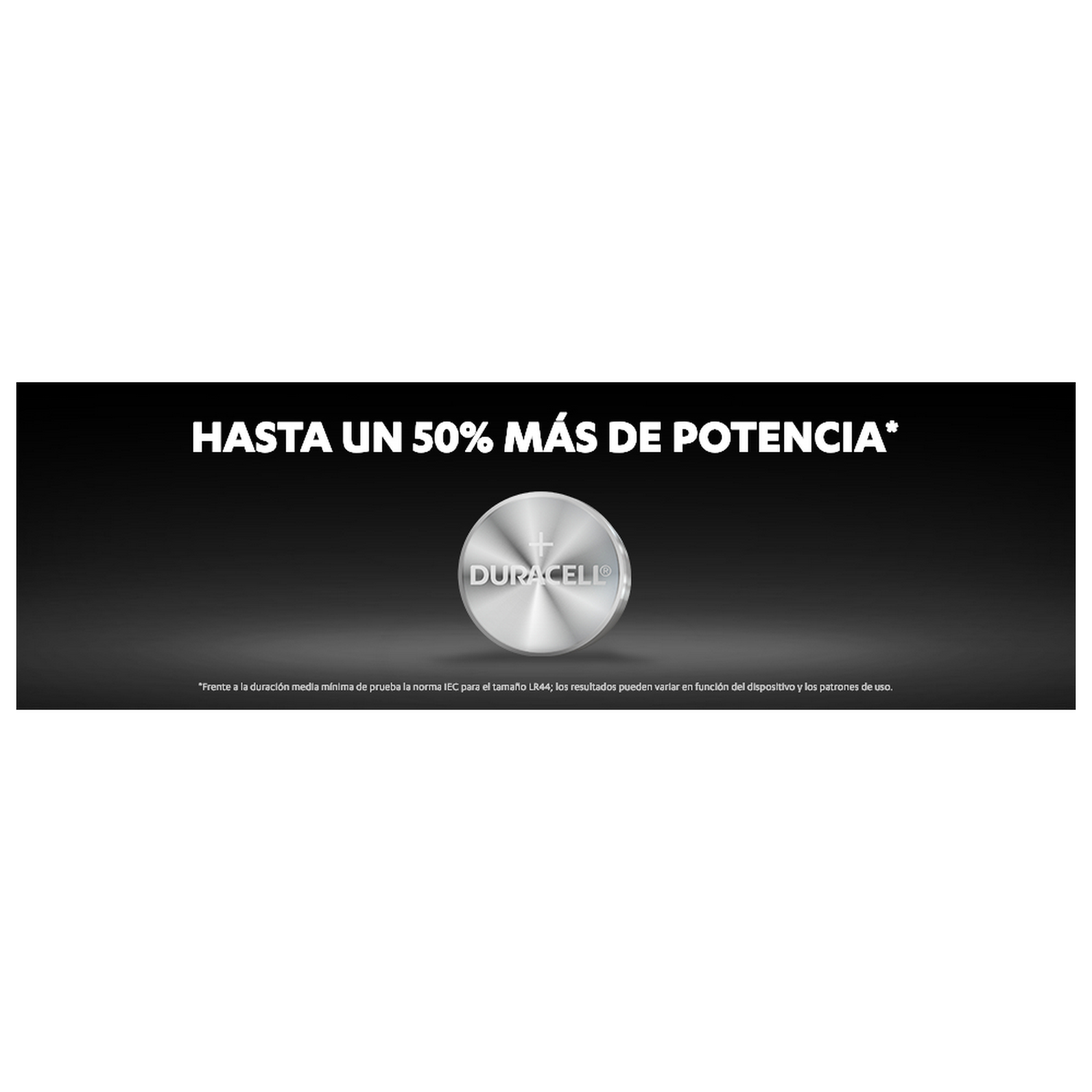 Anuncio de batería Duracell que muestra la batería y el texto: 'Hasta un 50% más de potencia'.