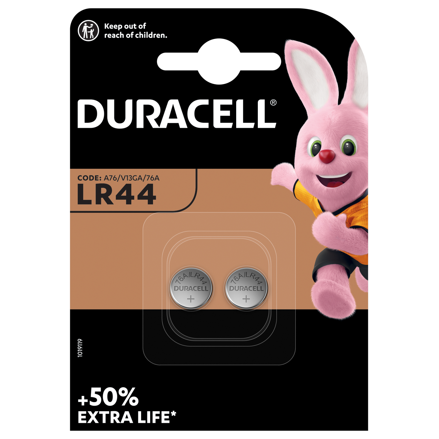Pilas Duracell LR44 en blíster con un personaje de Duracell Bunny rosa.