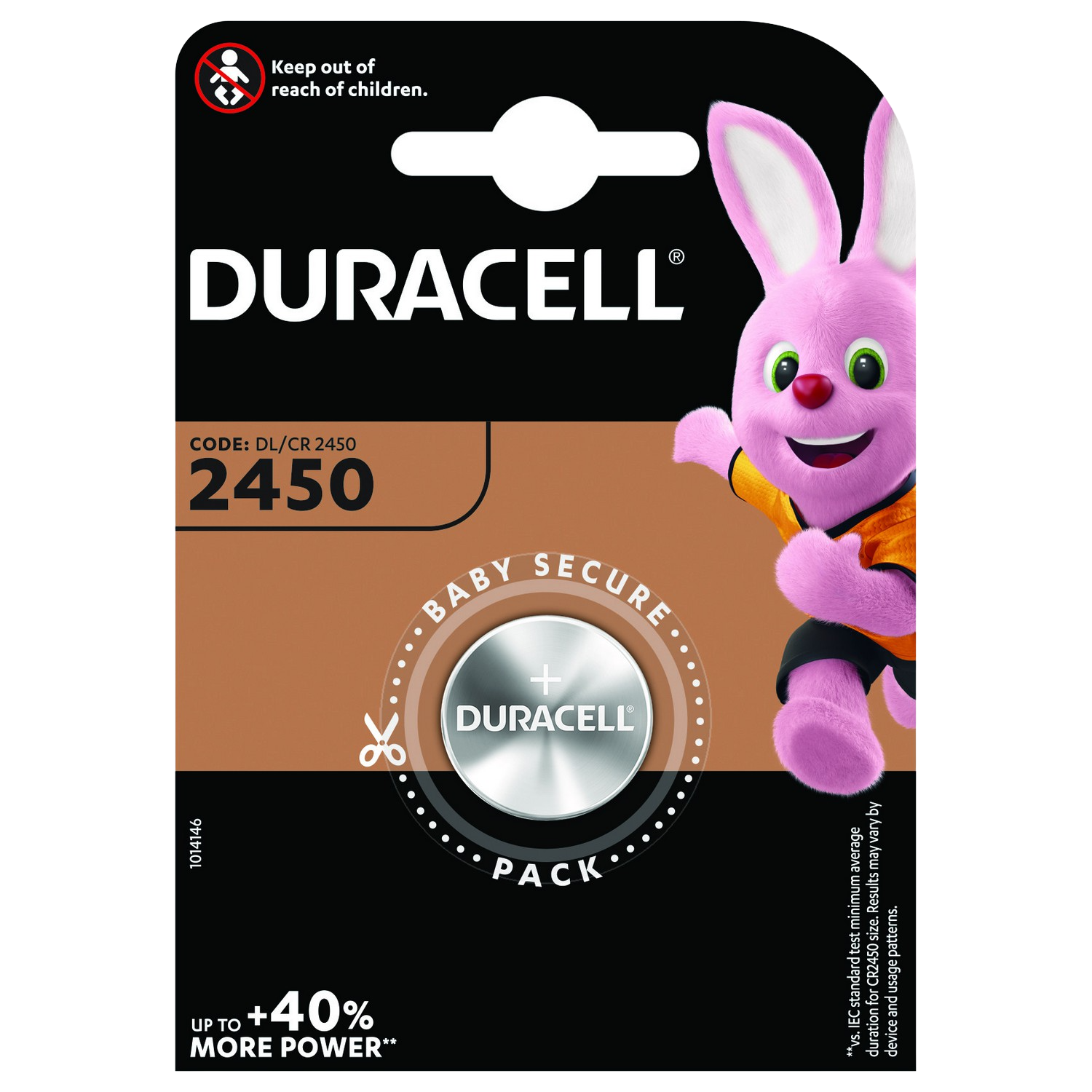 Paquete de baterías Duracell. Mascota de conejo rosa. Texto en negrita: '2450' y 'Baby Secure'.