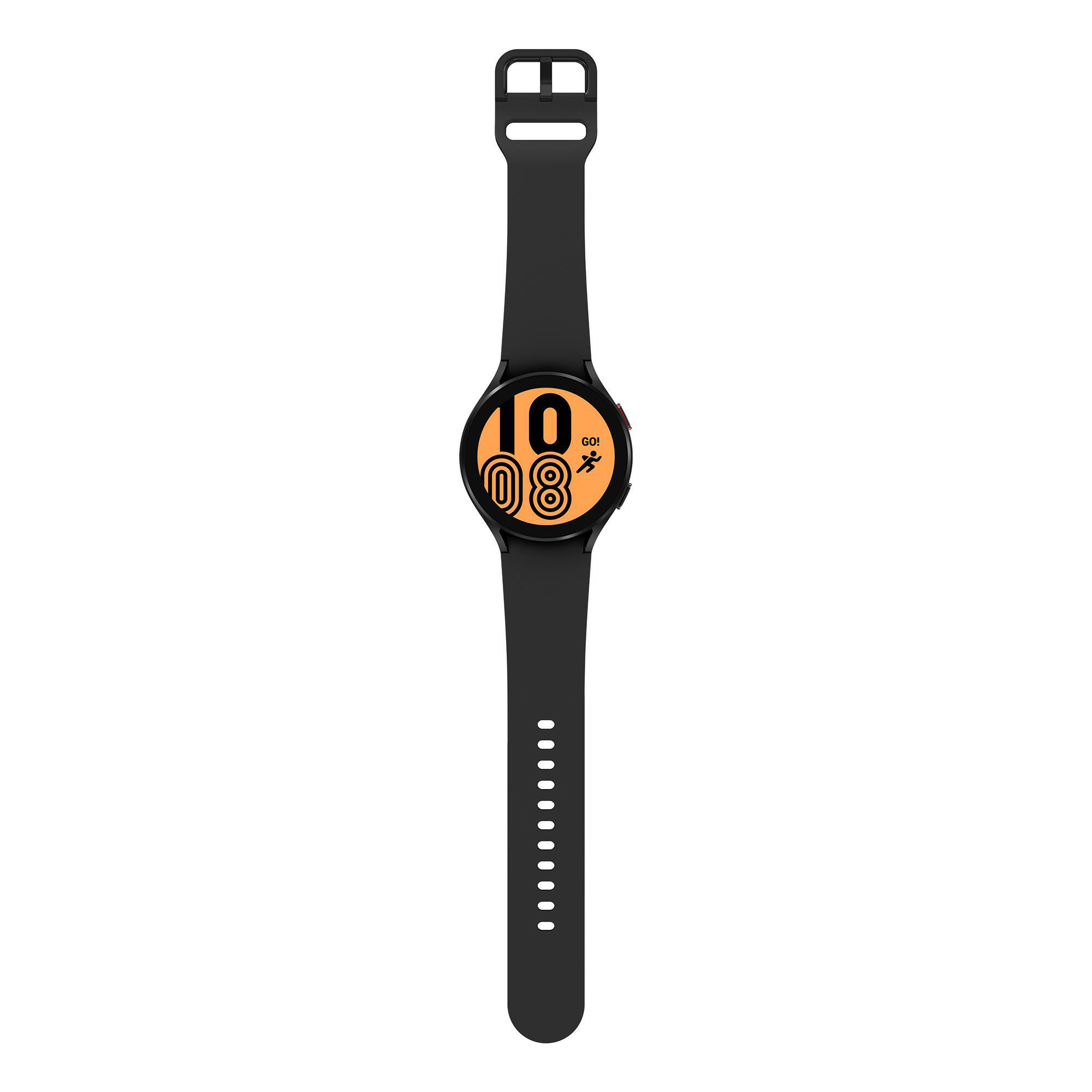 Schwarze Smartwatch mit orangefarbenem Display, das die Uhrzeit anzeigt. Die Uhr hat ein schwarzes Armband.