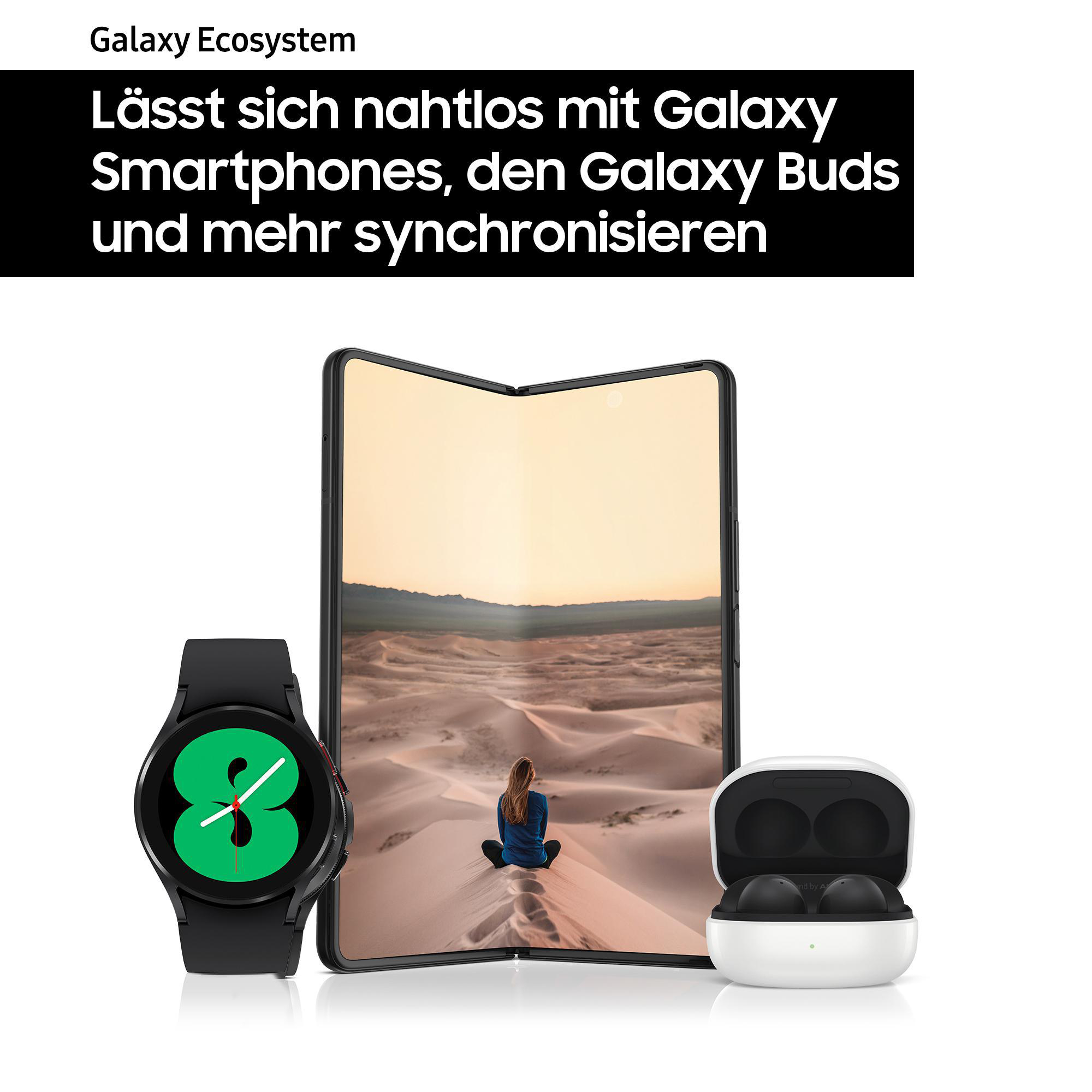 Ein Telefon, eine Uhr und Ohrhörer auf weißem Hintergrund. Text sagt Galaxy Ecosystem.