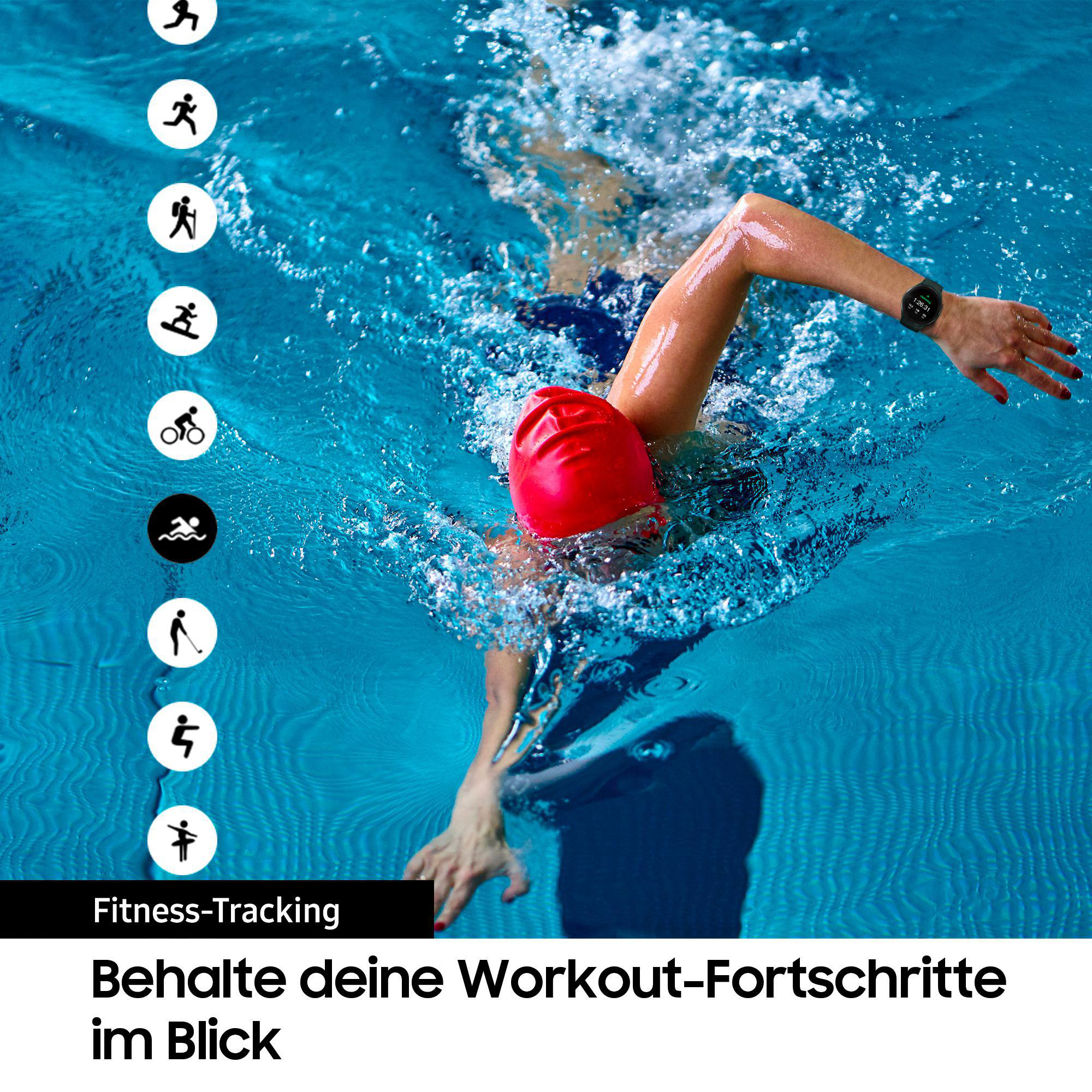 Eine Person schwimmt in einem Pool mit roter Mütze und trägt einen Fitnesstracker. Symbole für Aktivitäten umgeben.