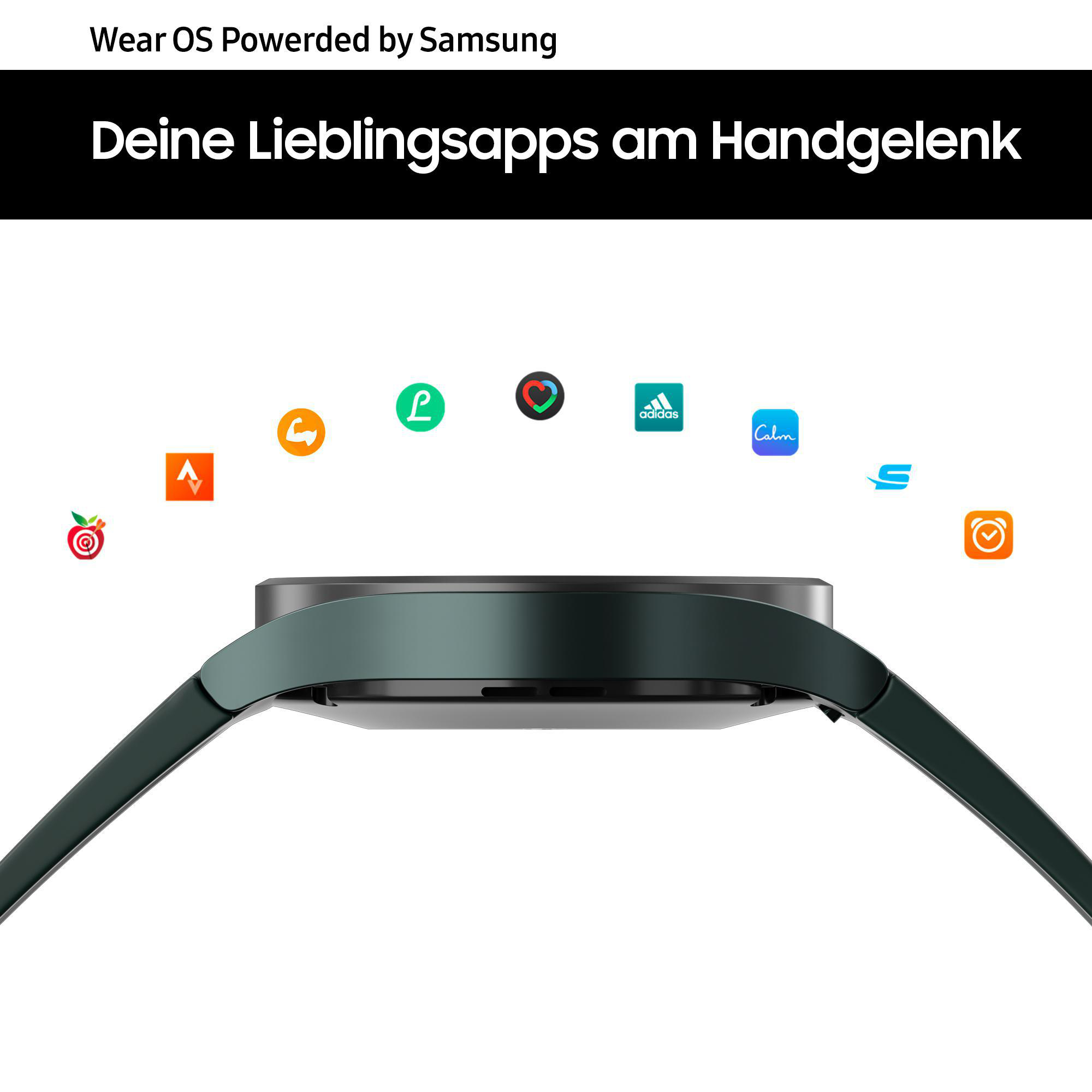 Smartwatch mit App-Symbolen um das Zifferblatt. Der Text lautet Wear OS.