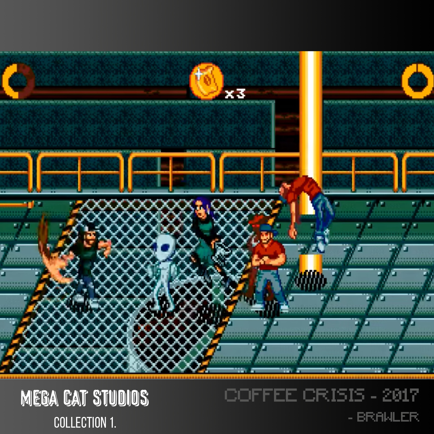 Eine Retro-Videospielszene mit pixeligen Charakteren in einem Kampf.