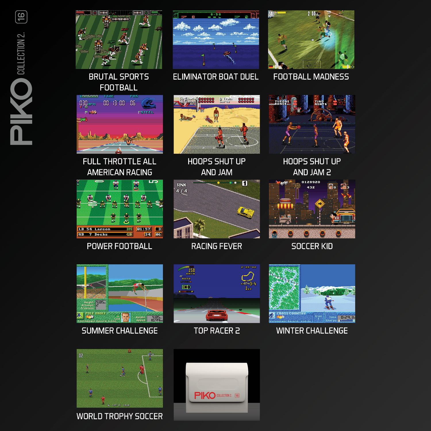 Sammlung von Retro-Videospiel-Screenshots. Spiele umfassen Fußball, Rennen, Basketball und Fußball, mit dem PIKO-Logo unten.