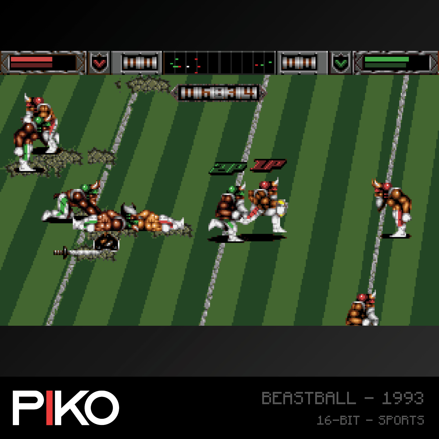 Eine pixelige Football-Spielszene. Spieler in braunen und weißen Uniformen auf einem grünen Feld. Spieloberfläche oben. Logo und Spielinfo unten.