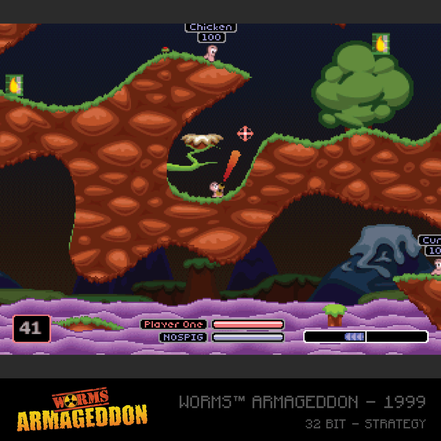 Ein Worms Armageddon-Spielbildschirm. Würmer auf braunem Gelände, die sich gegenseitig beschießen. Lila Wasser unten. Spielinfo unten.