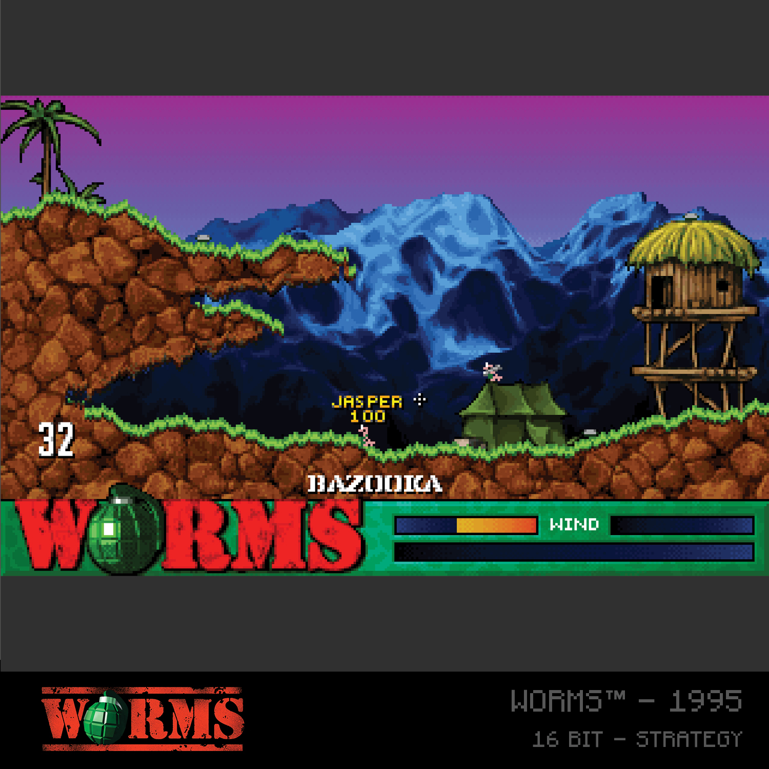 Eine Retro-Spielszene mit einer verpixelten Landschaft, die Würmer, eine Bazooka und eine Hütte zeigt. Der Himmel ist lila.