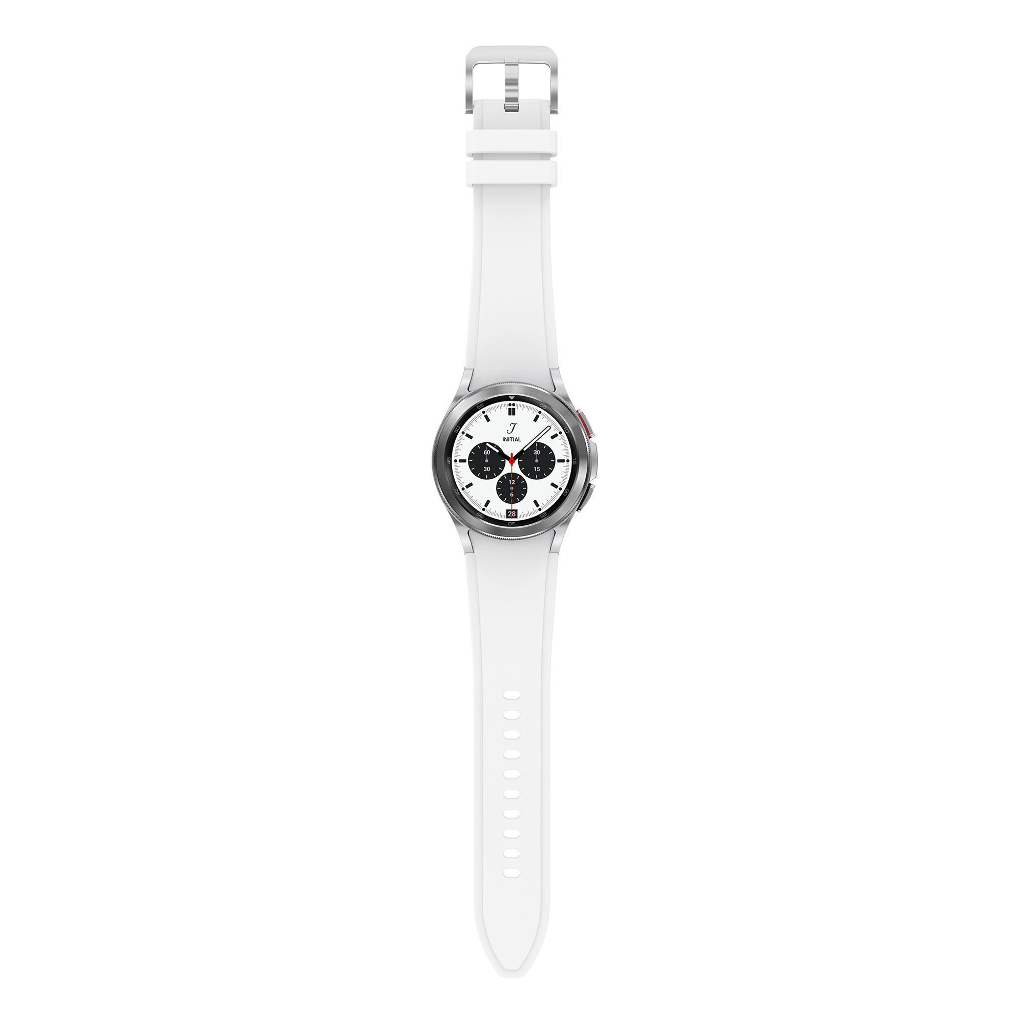 Weiße Smartwatch, kreisförmiges Design, weißes Armband, schwarzer Bildschirm, silberne Lünette.