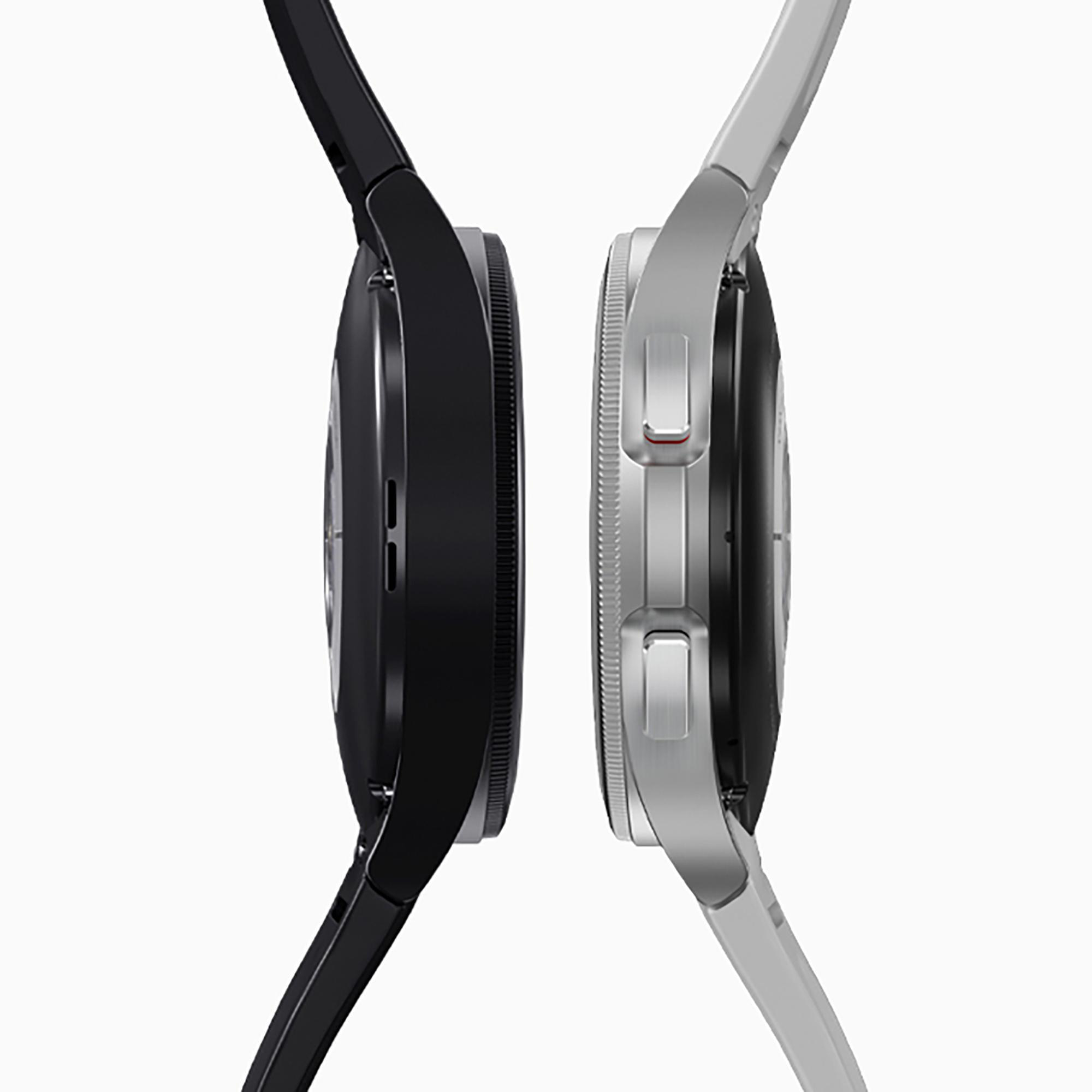 Zwei Smartwatches nebeneinander, eine schwarze und eine silberne, die Seiten zeigend.