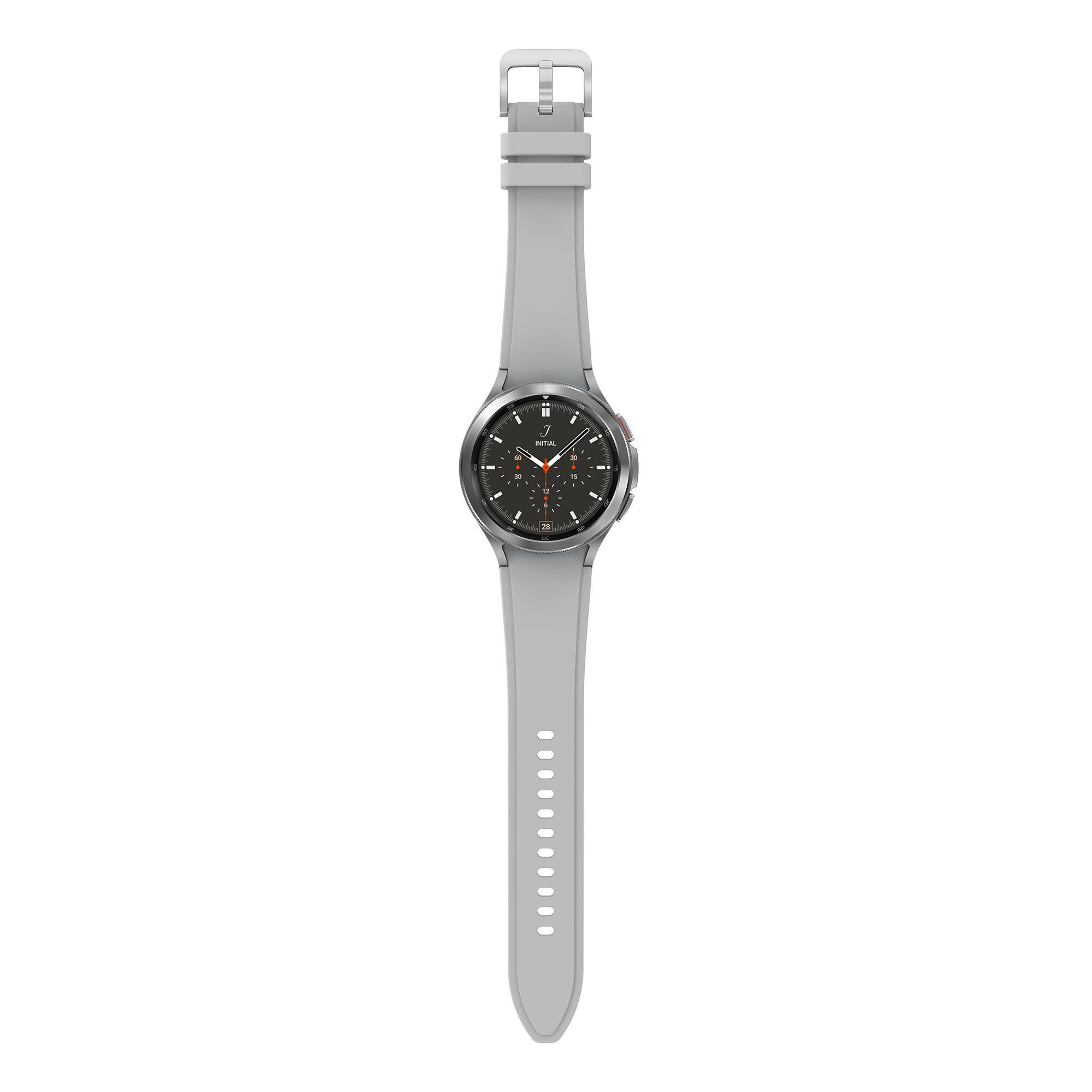 Silberne Samsung Smartwatch mit schwarzem Zifferblatt und grauem Armband.