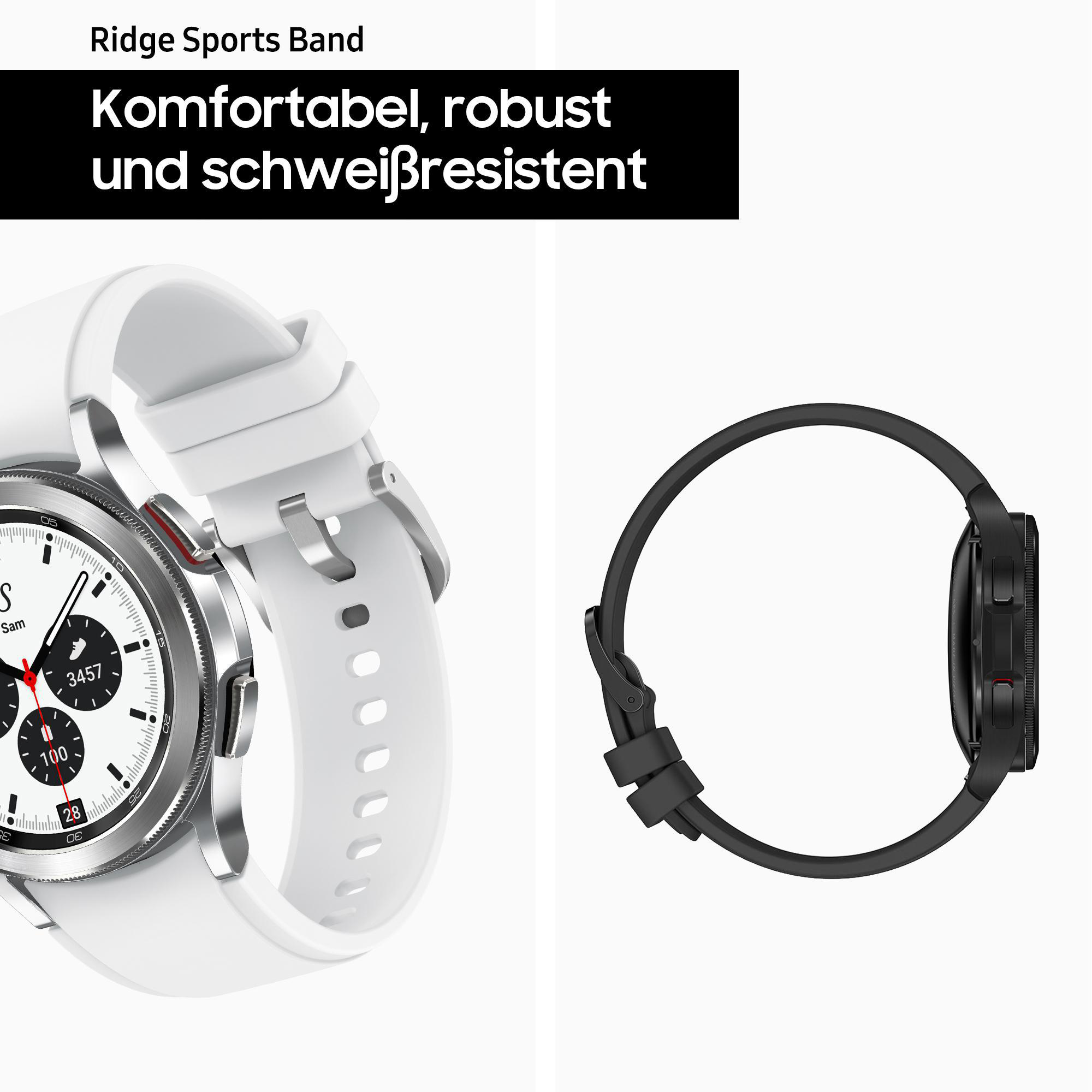 Weiß-schwarze Smartwatch auf weißem Hintergrund.