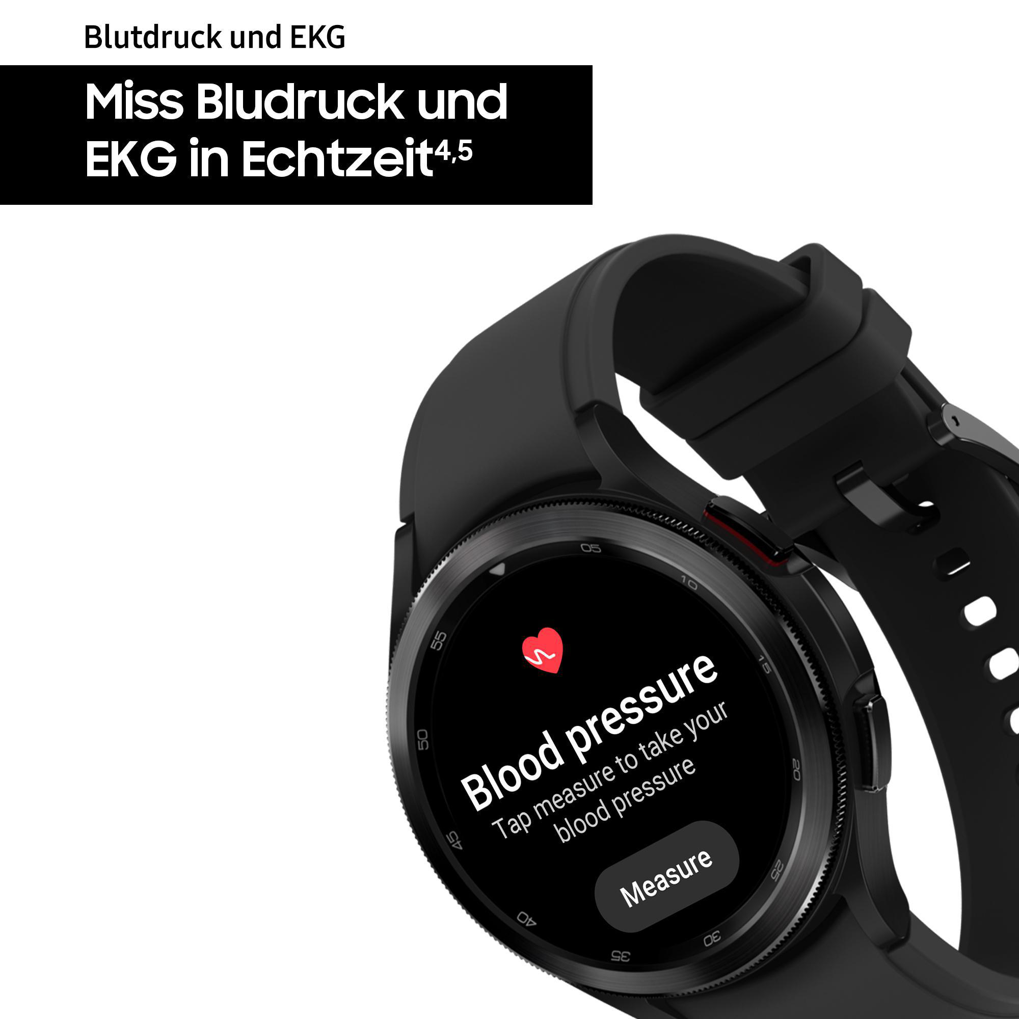 Schwarze Samsung-Smartwatch auf weißer Oberfläche, Blutdruckanzeige.