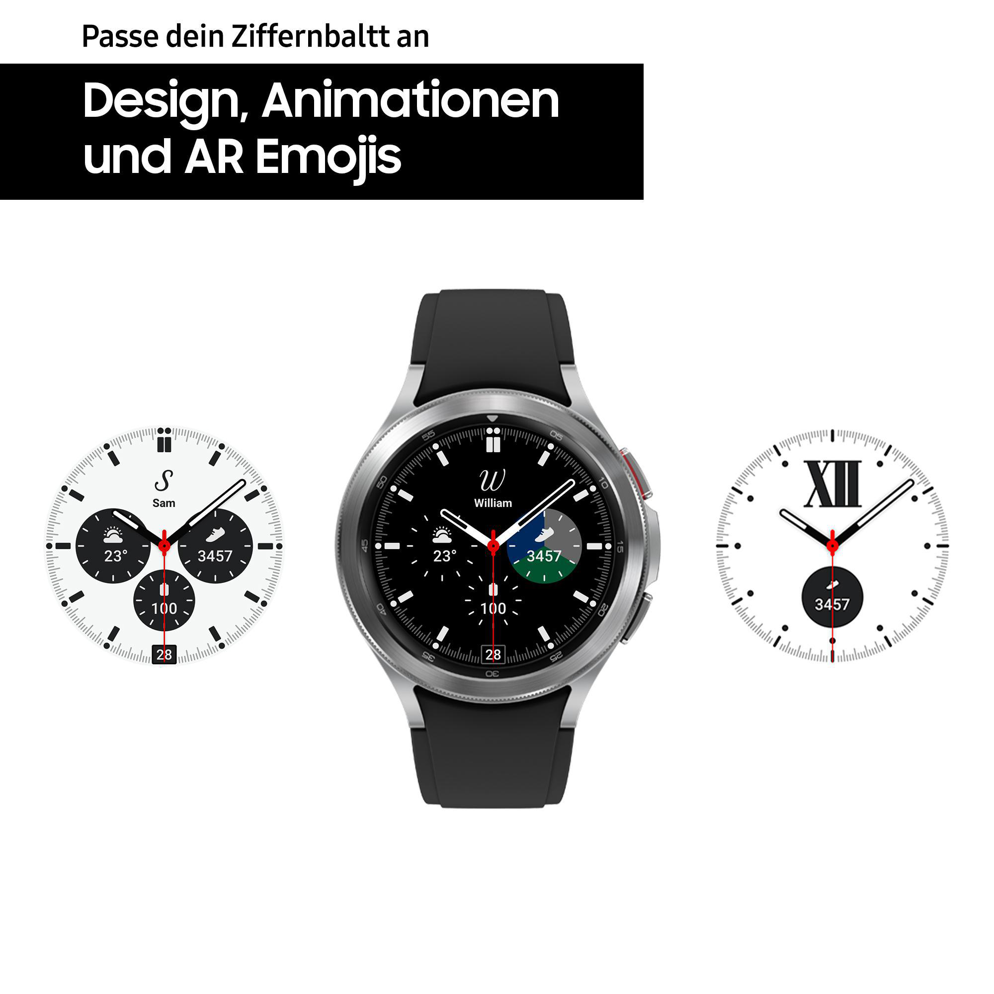 Drei Smartwatch-Zifferblätter mit unterschiedlichen Designs. Schwarze Armbanduhr.