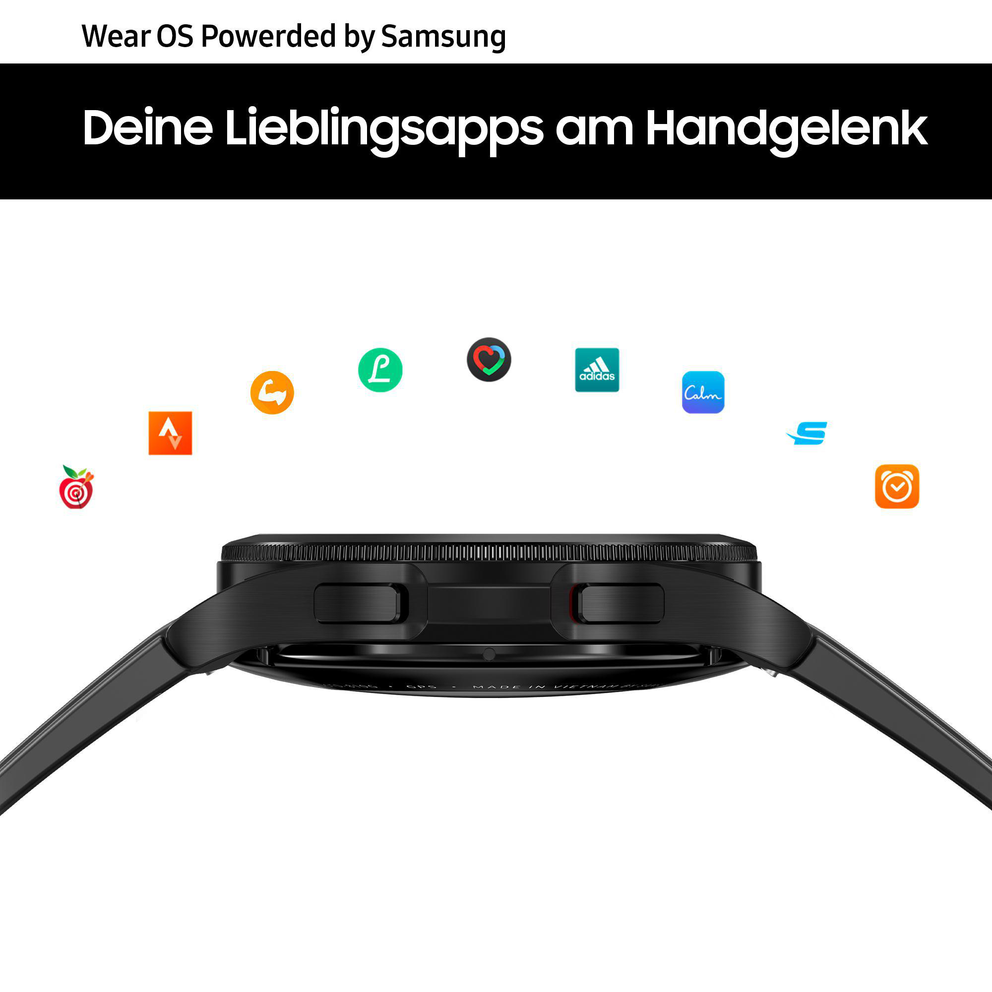 Eine schwarze Smartwatch mit App-Symbolen und schwarzem Armband, vor weißem Hintergrund.