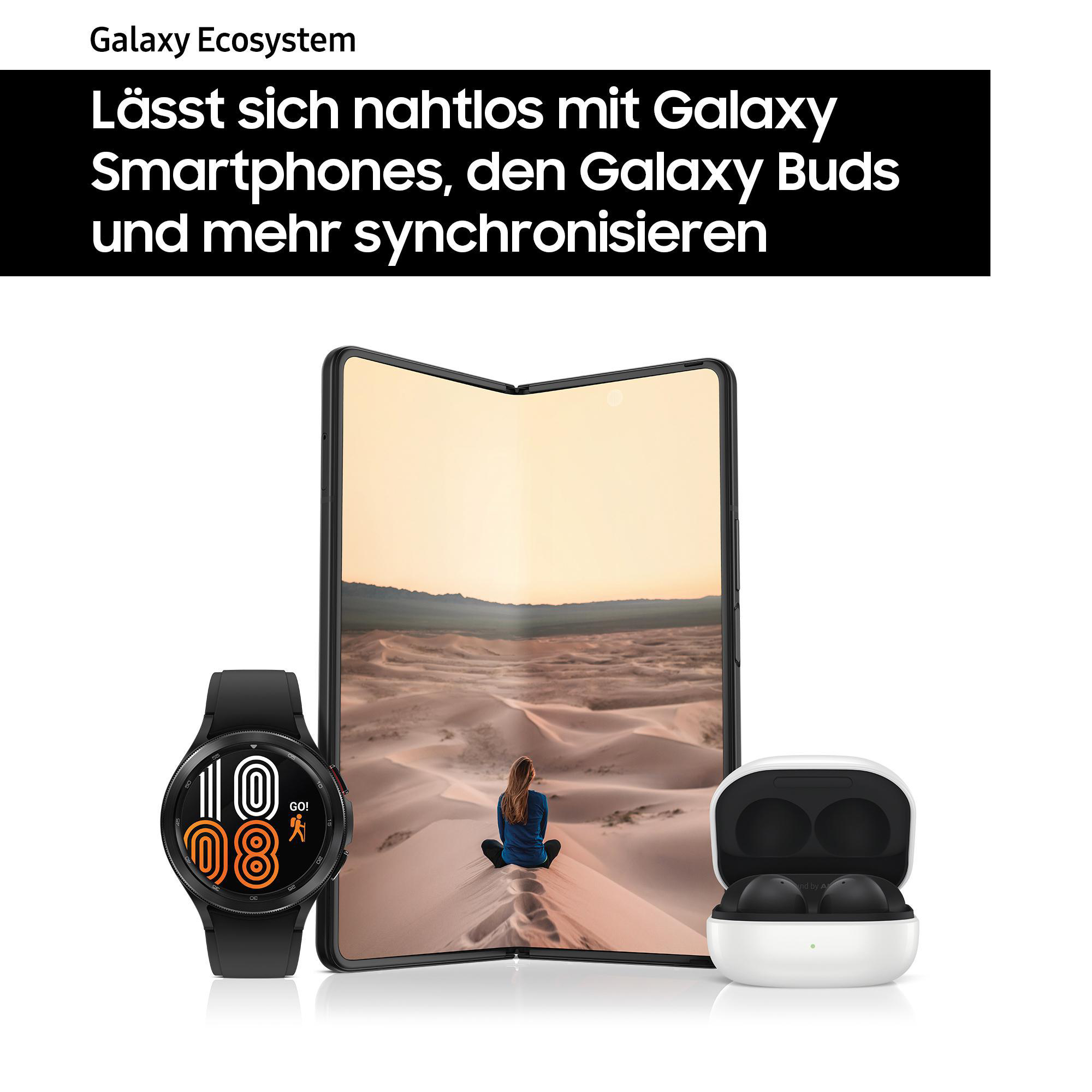 Galaxy Ecosystem Werbung. Eine Uhr, Ohrhörer und ein Telefon, alle in Weiß, mit Wüstenhintergrund.