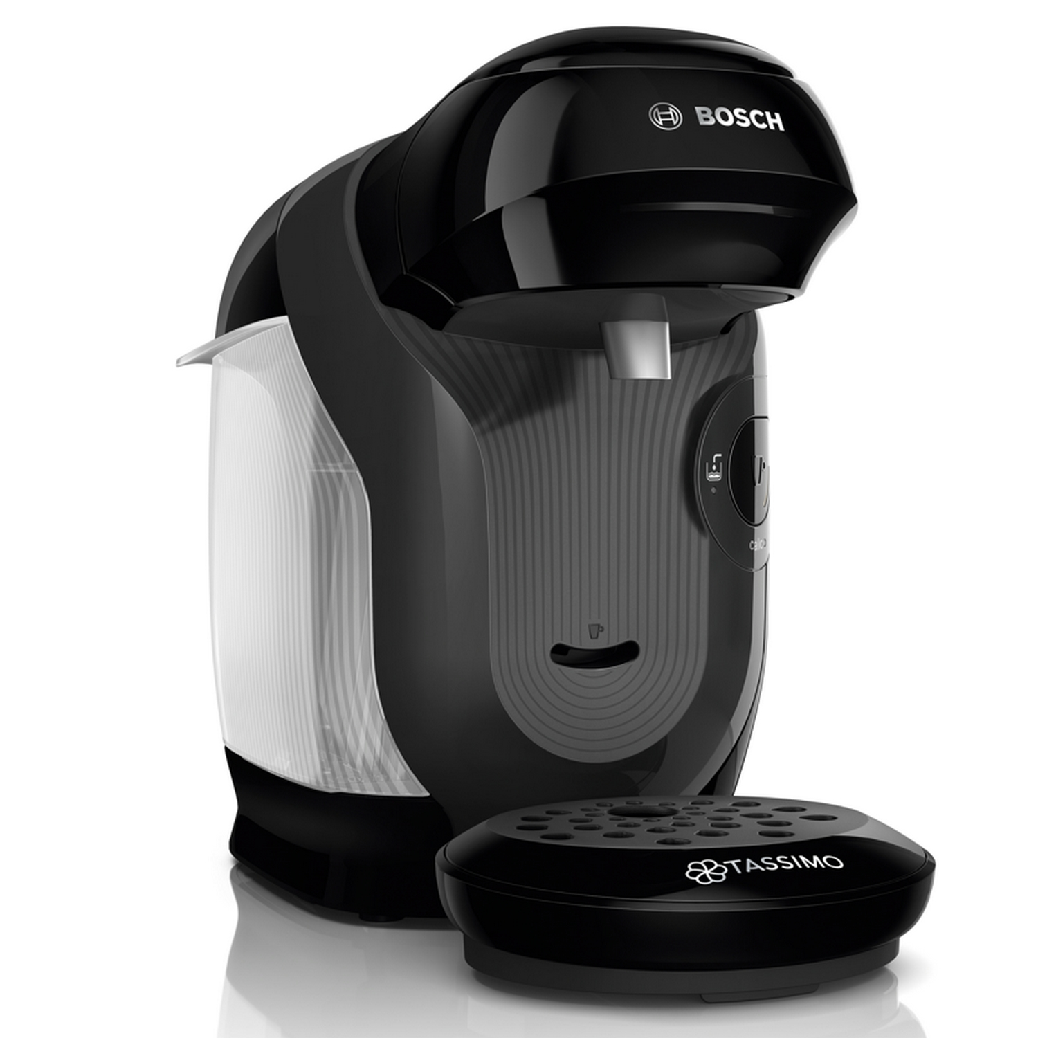 Cafetera Tassimo Bosch negra. Tiene un depósito de agua y una base con el logotipo de Tassimo.