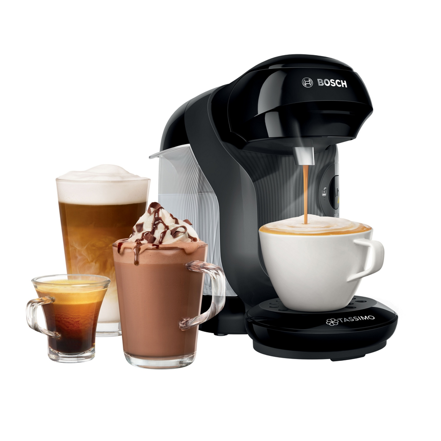 Cafetera Tassimo Bosch negra con diversas bebidas de café.
