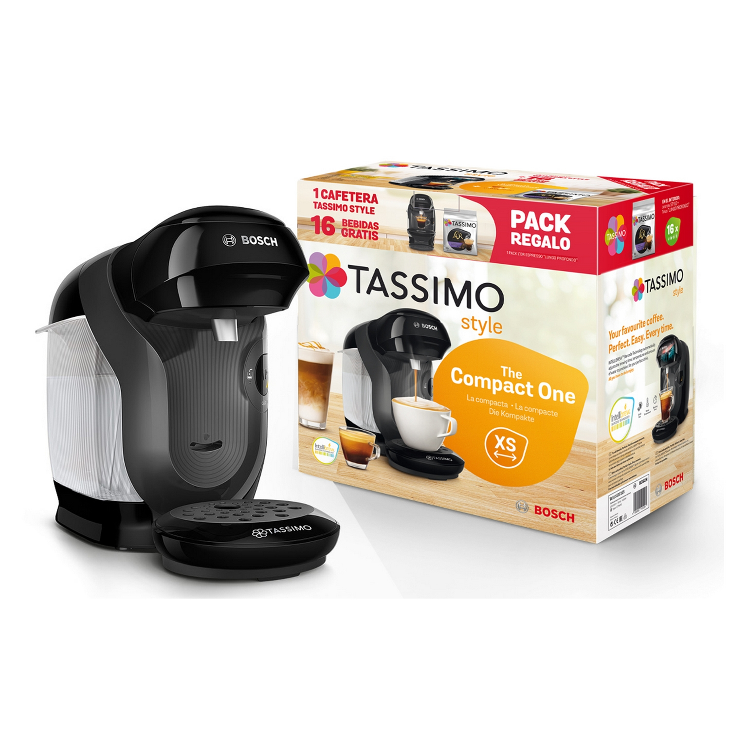 Una cafetera Bosch Tassimo negra y una caja con cápsulas de café. La máquina tiene una taza encima.